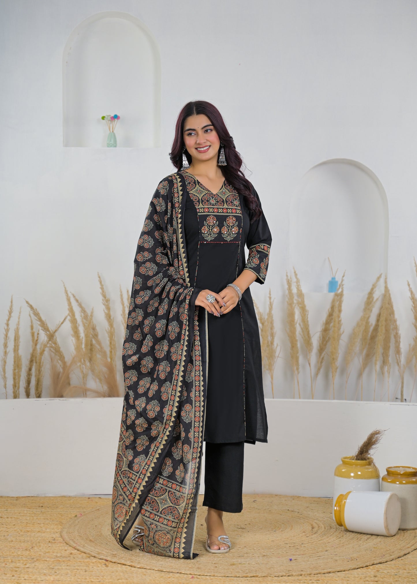Black Elegant Printed Cotton Salwar Suit Set (Kurta, Bottom & Dupatta)