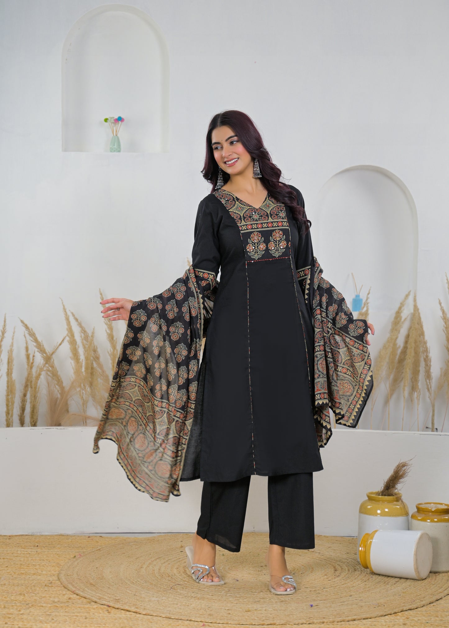 Black Elegant Printed Cotton Salwar Suit Set (Kurta, Bottom & Dupatta)