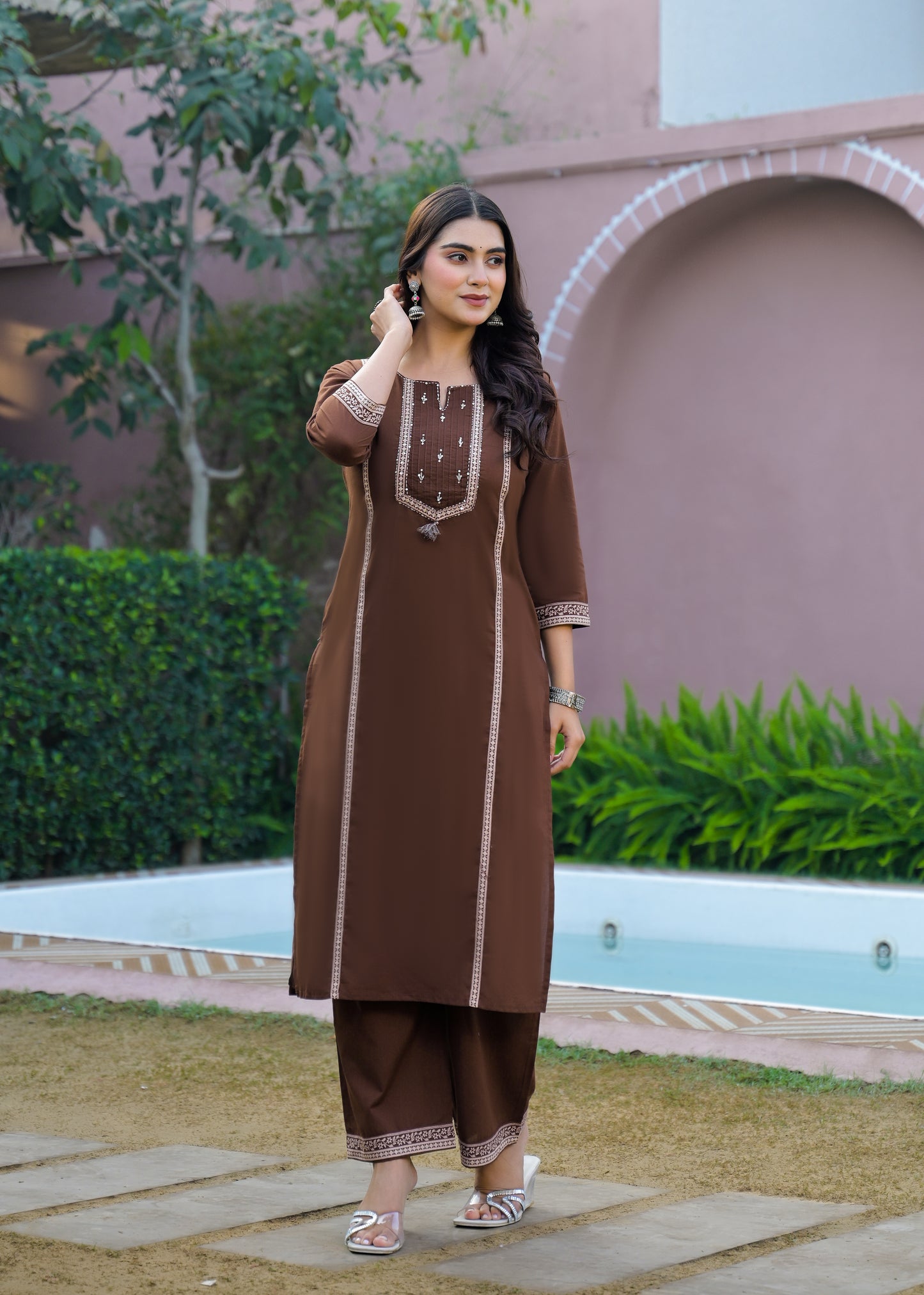 Mocha Brown Kurta Palazzo Set with Printed Dupatta