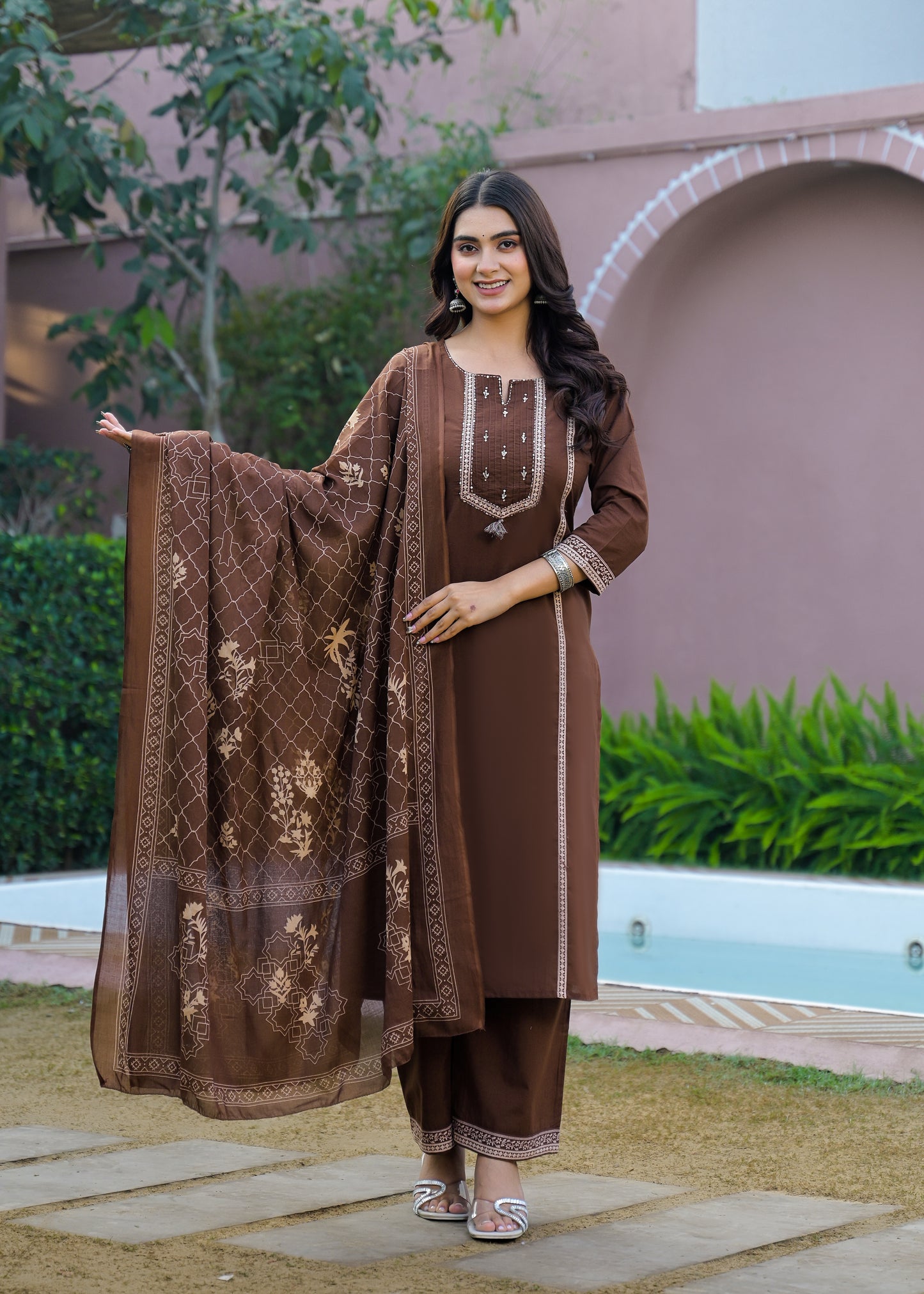 Mocha Brown Kurta Palazzo Set with Printed Dupatta