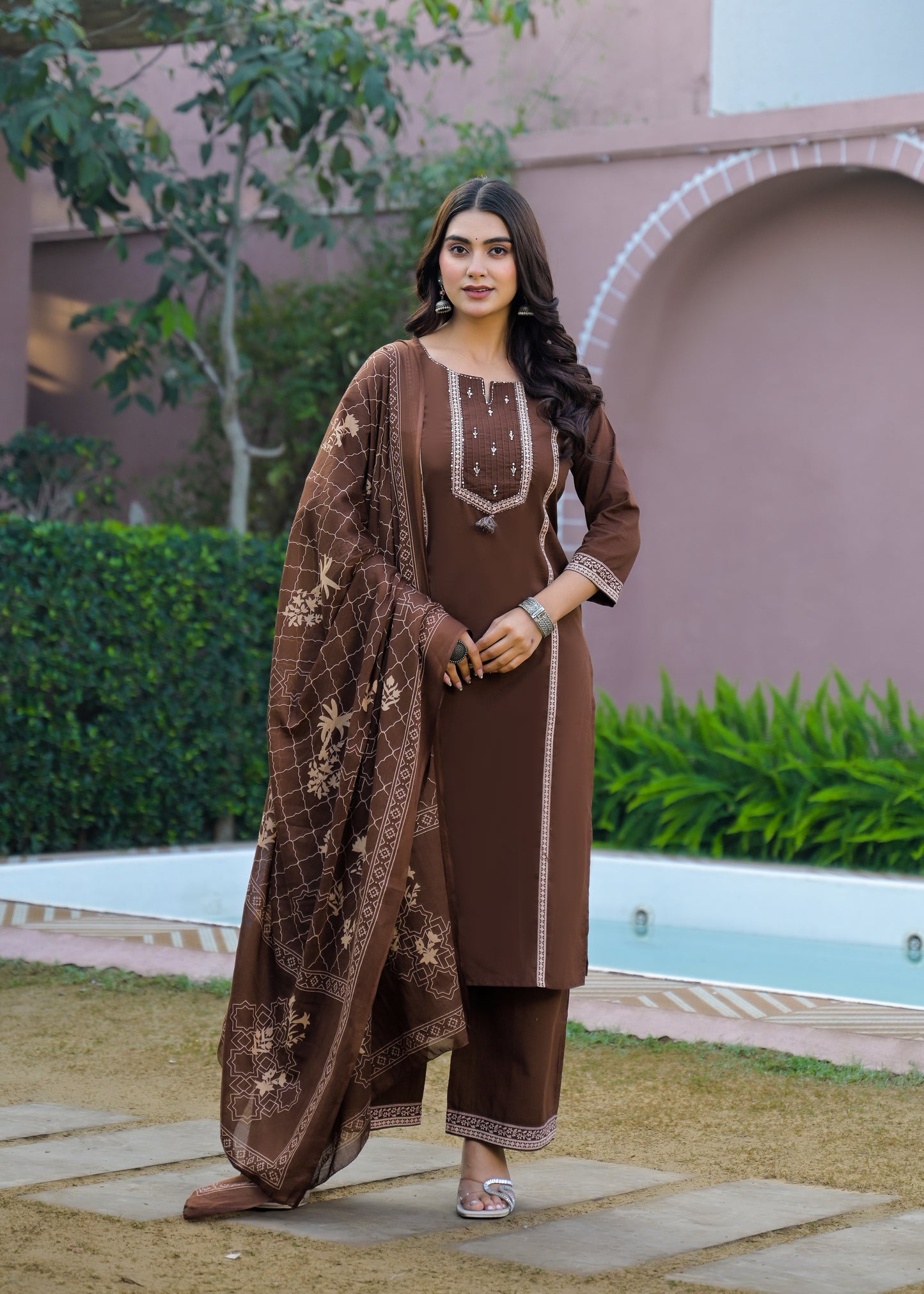 Mocha Brown Kurta Palazzo Set with Printed Dupatta