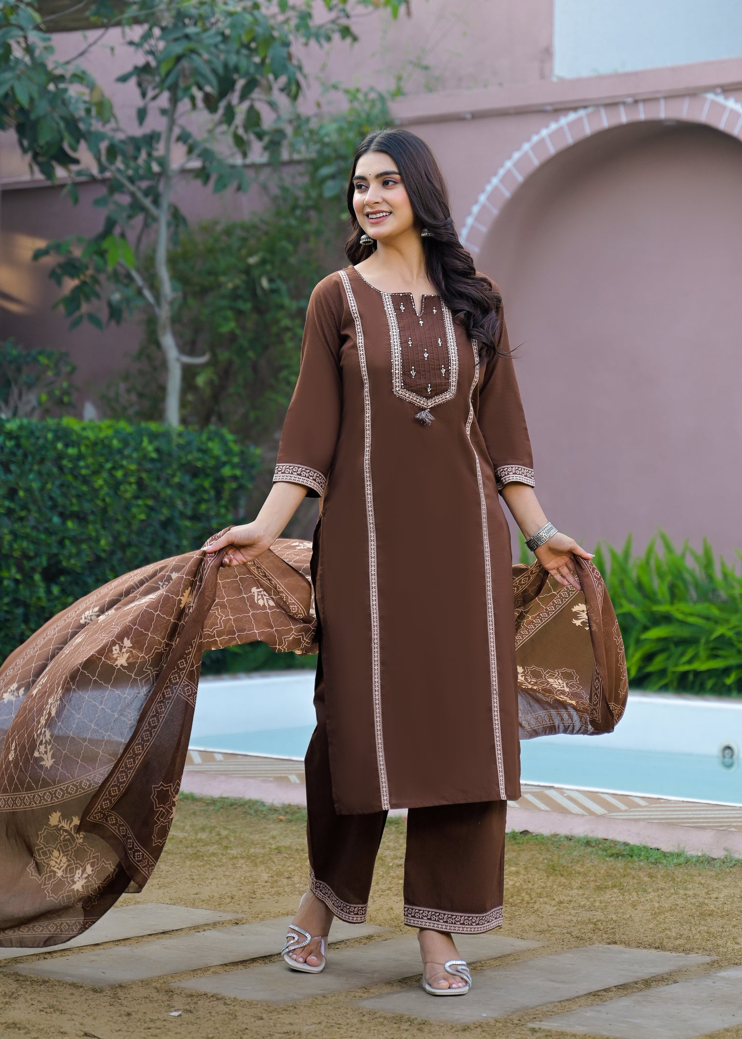 Mocha Brown Kurta Palazzo Set with Printed Dupatta