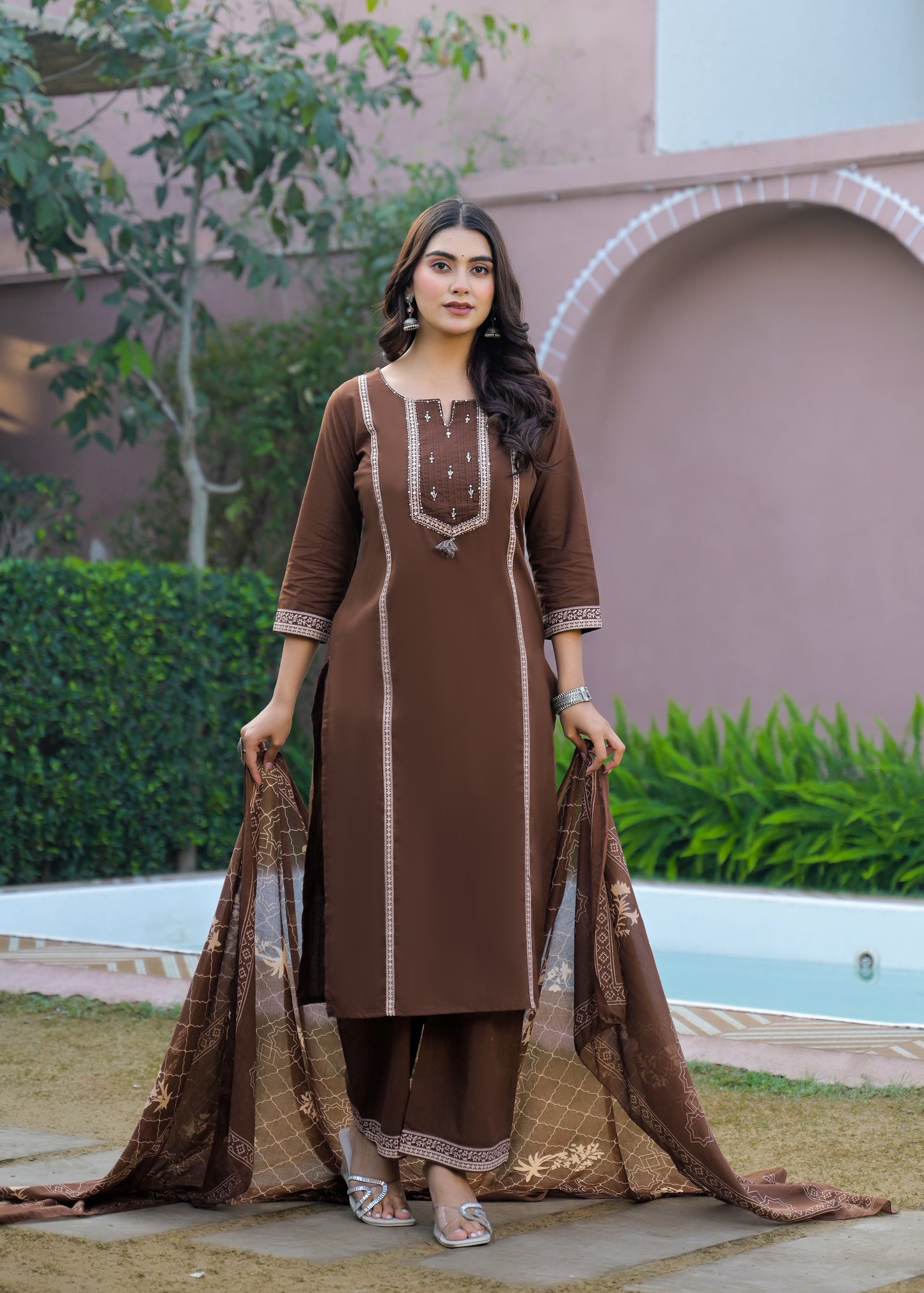 Mocha Brown Kurta Palazzo Set with Printed Dupatta
