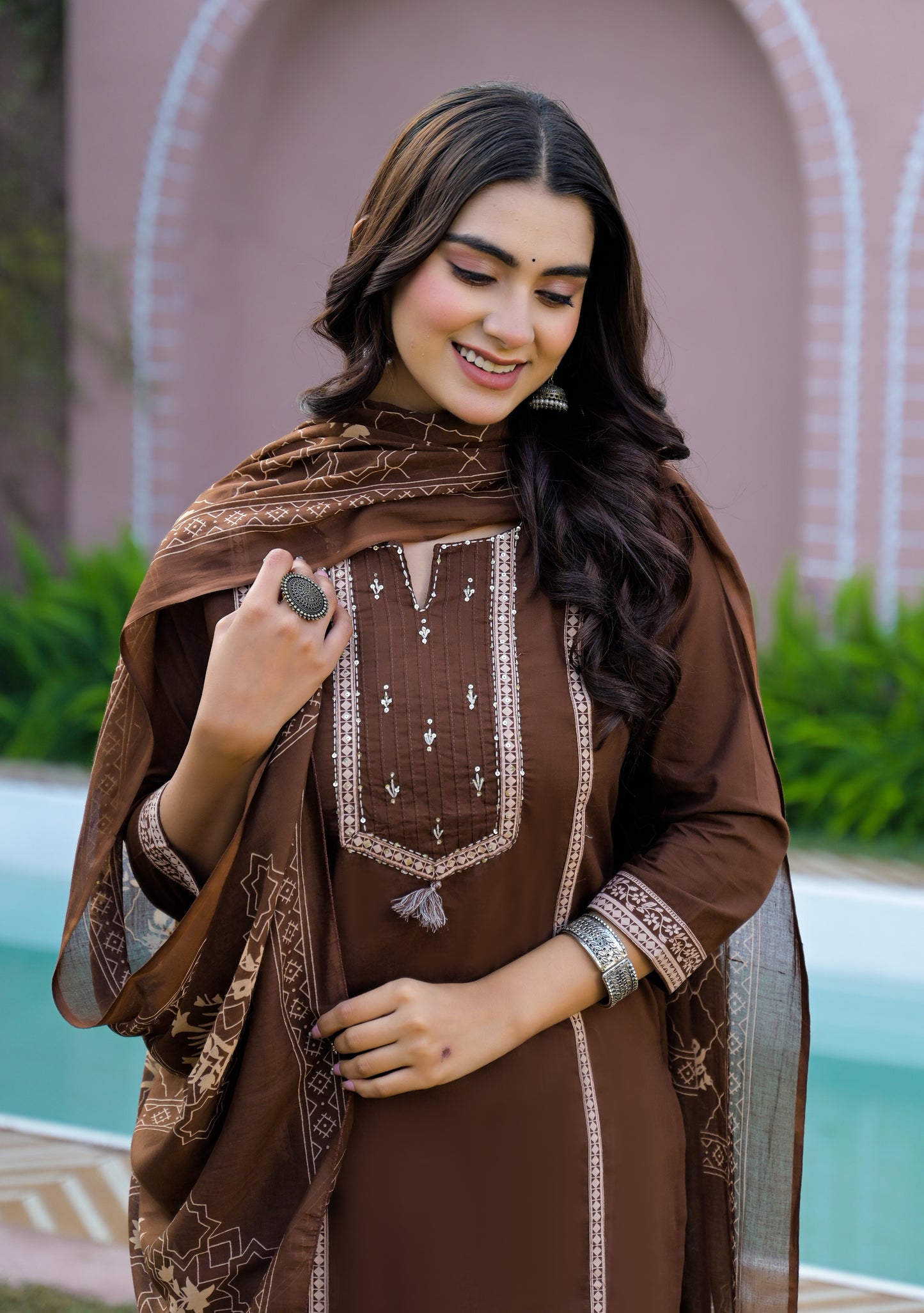 Mocha Brown Kurta Palazzo Set with Printed Dupatta