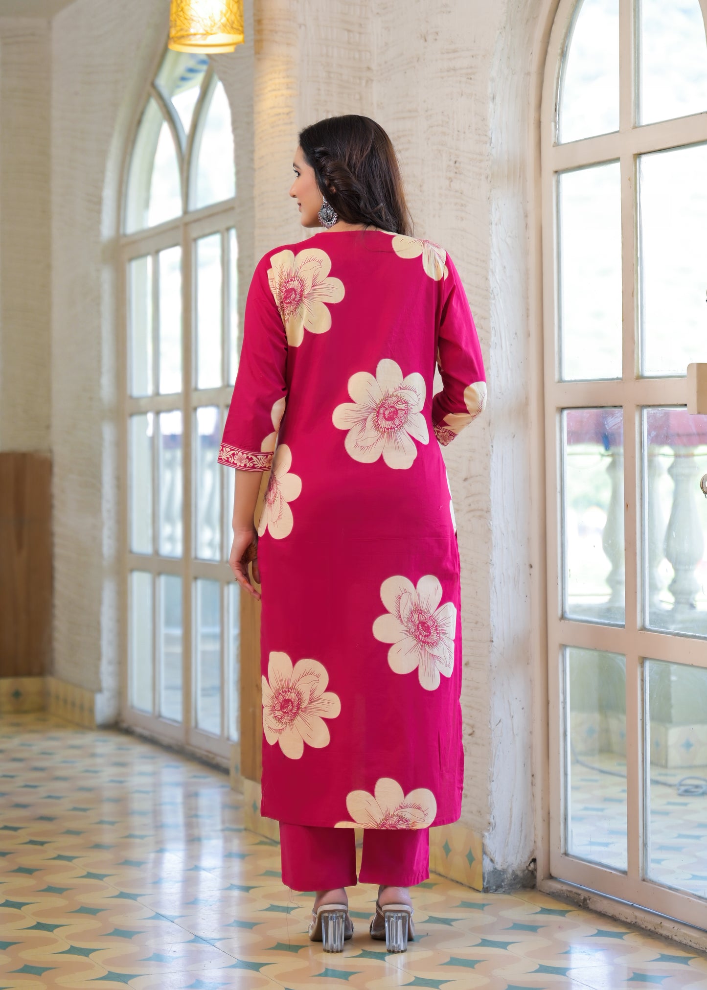 Rose Pink Floral Printed Kurta Set with Dupatta