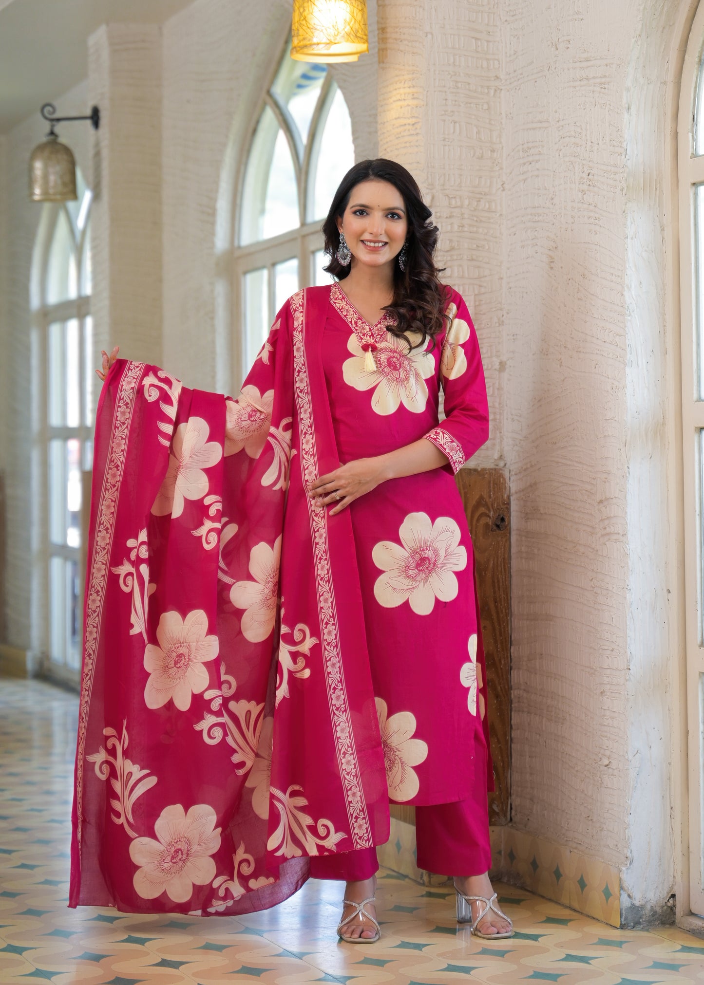 Rose Pink Floral Printed Kurta Set with Dupatta
