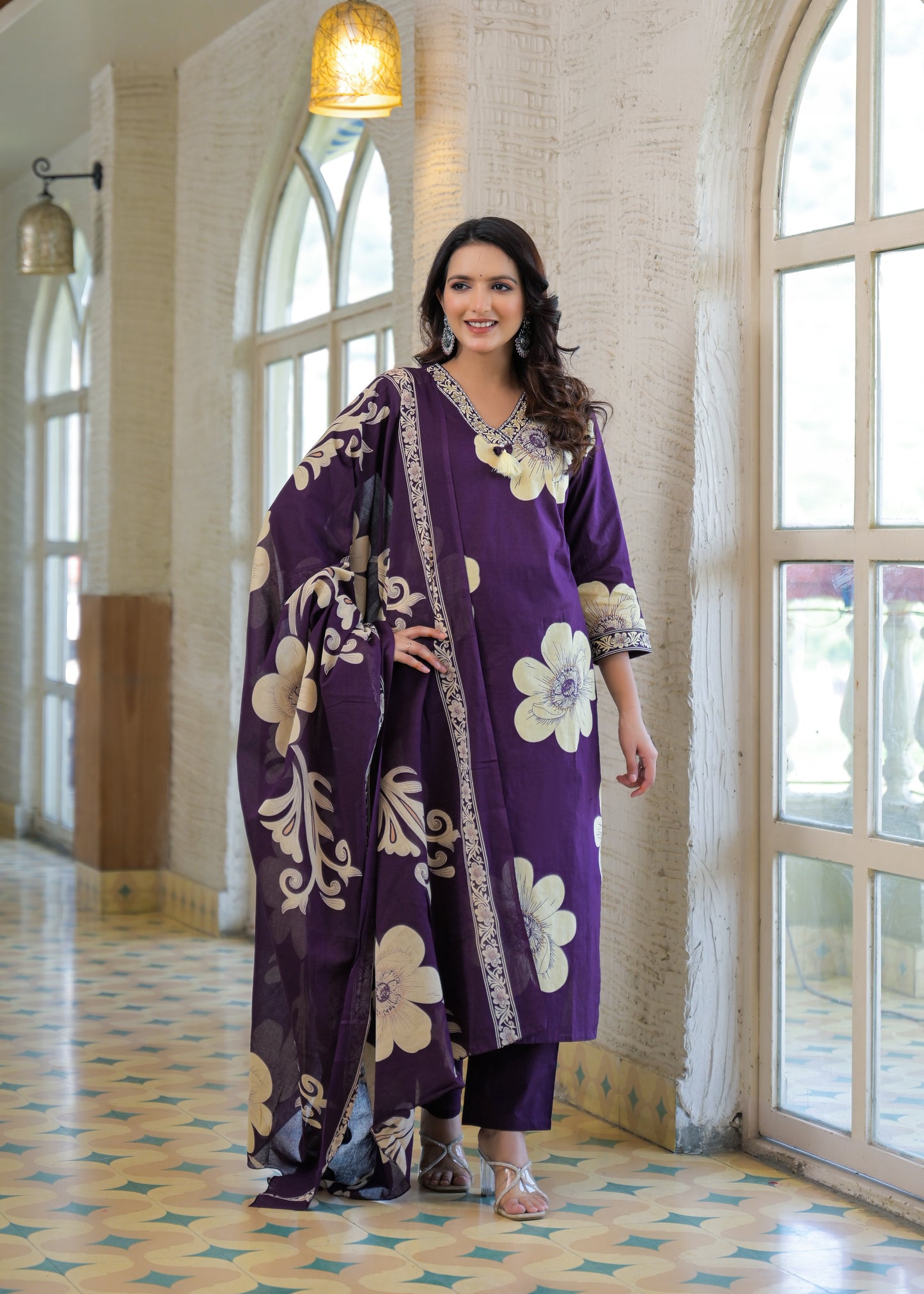 Elegant Purple Floral Printed Kurta Set
