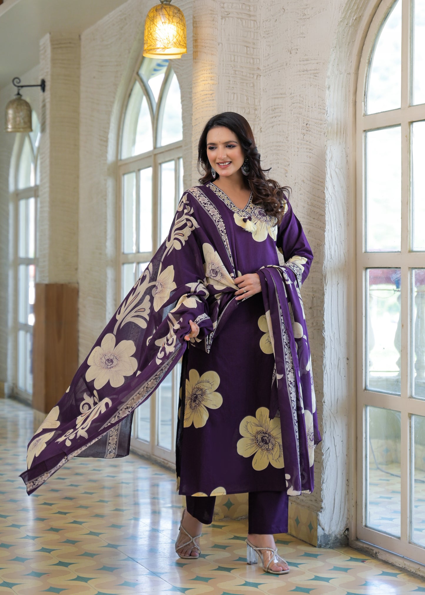 Elegant Purple Floral Printed Kurta Set