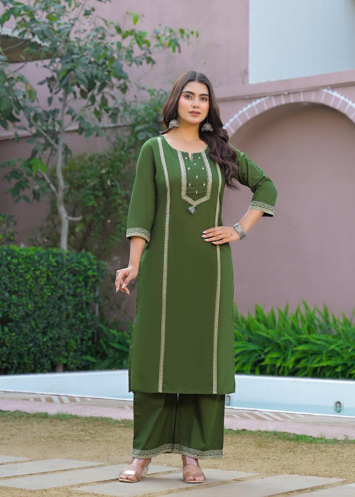 Green Kurta Palazzo Set with Printed Dupatta