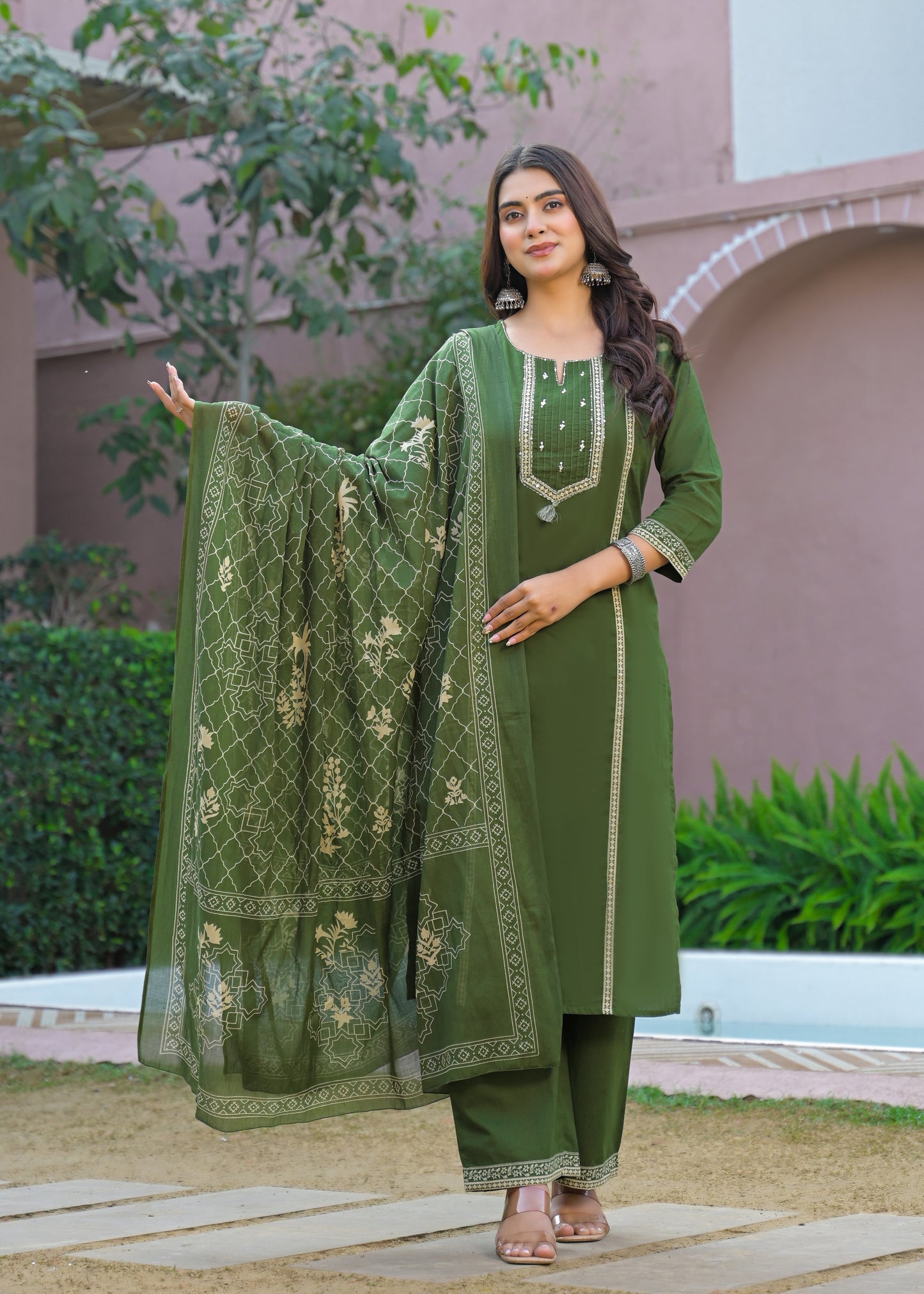 Green Kurta Palazzo Set with Printed Dupatta