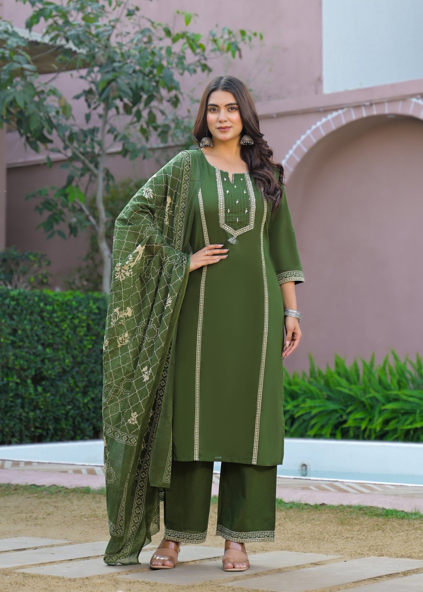 Green Kurta Palazzo Set with Printed Dupatta