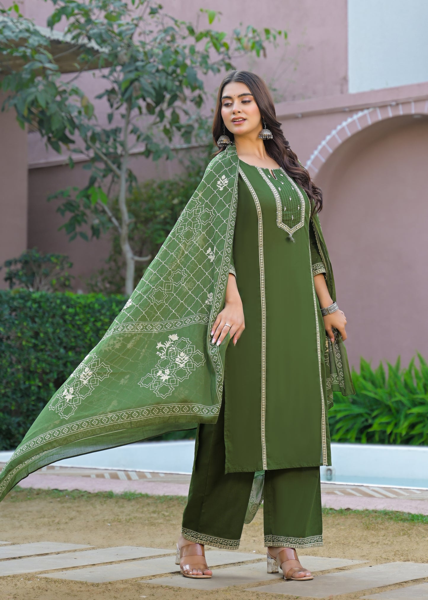 Green Kurta Palazzo Set with Printed Dupatta