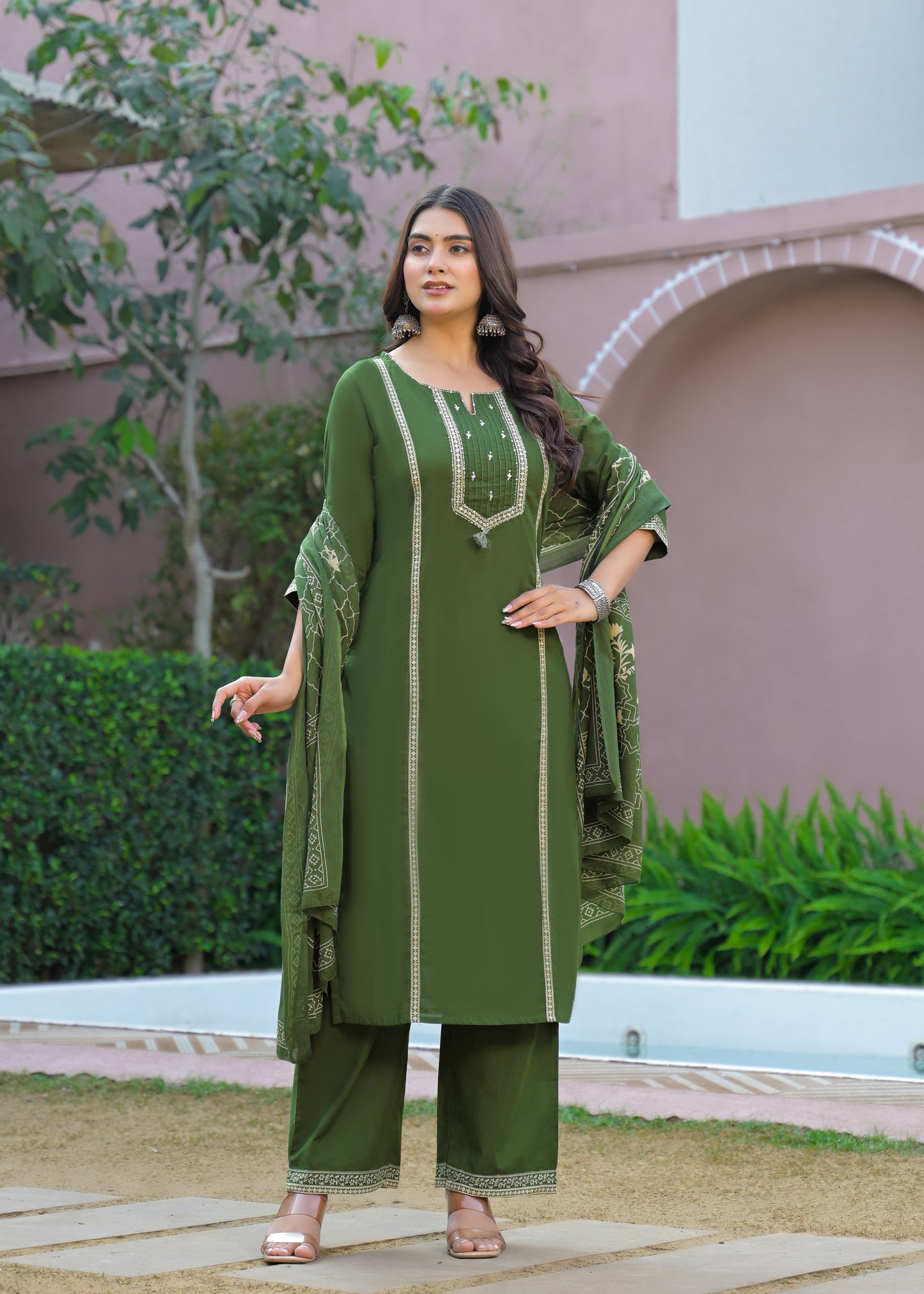 Green Kurta Palazzo Set with Printed Dupatta
