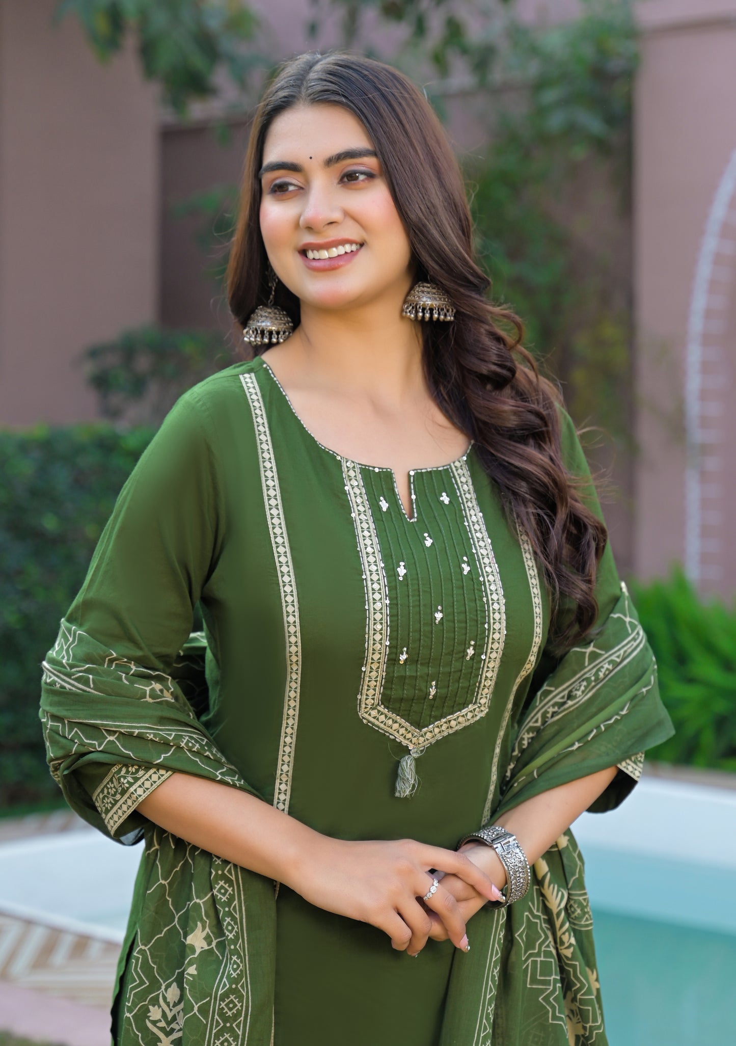Green Kurta Palazzo Set with Printed Dupatta
