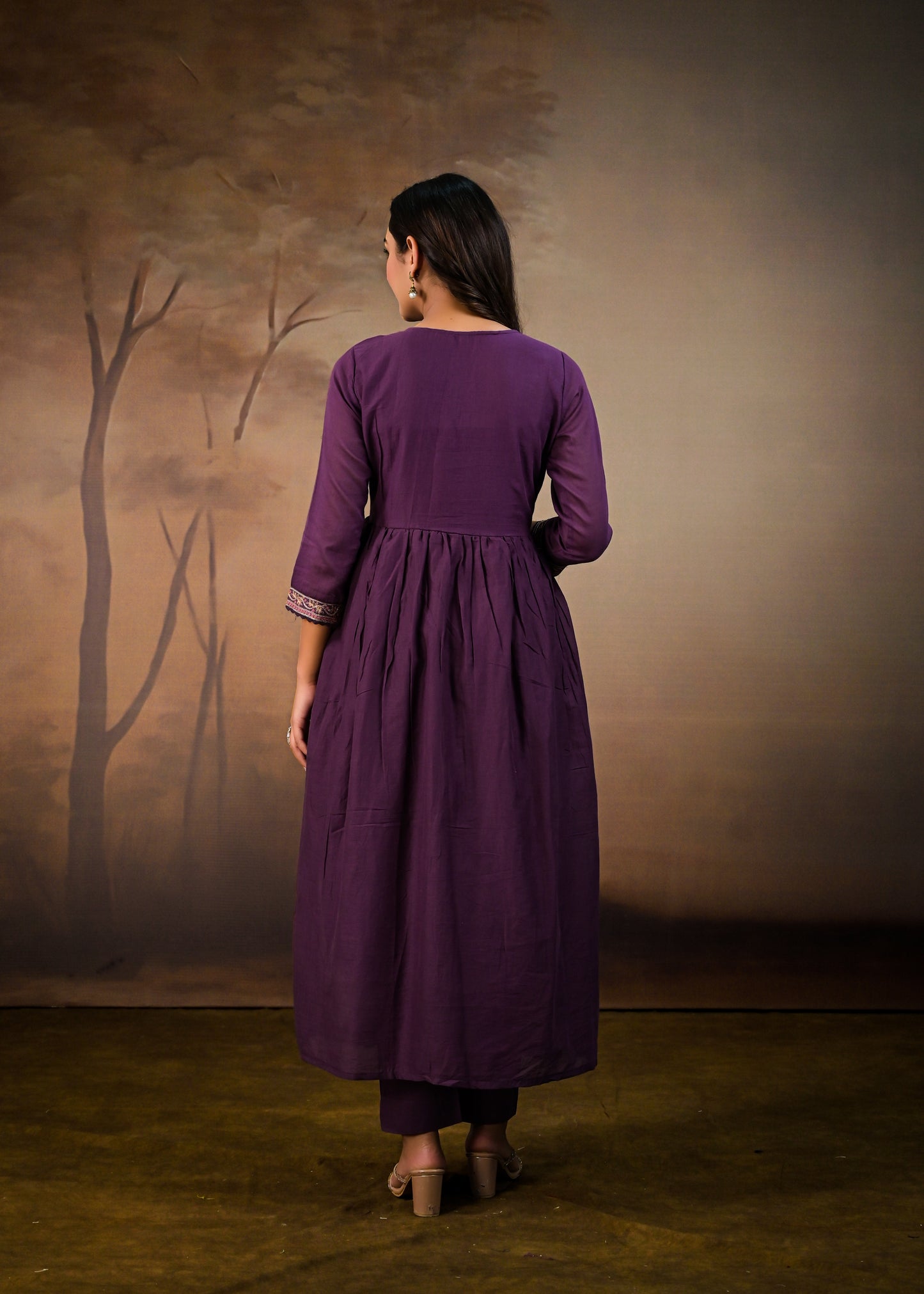 Flared Embroidered  dupatta kurta set purple