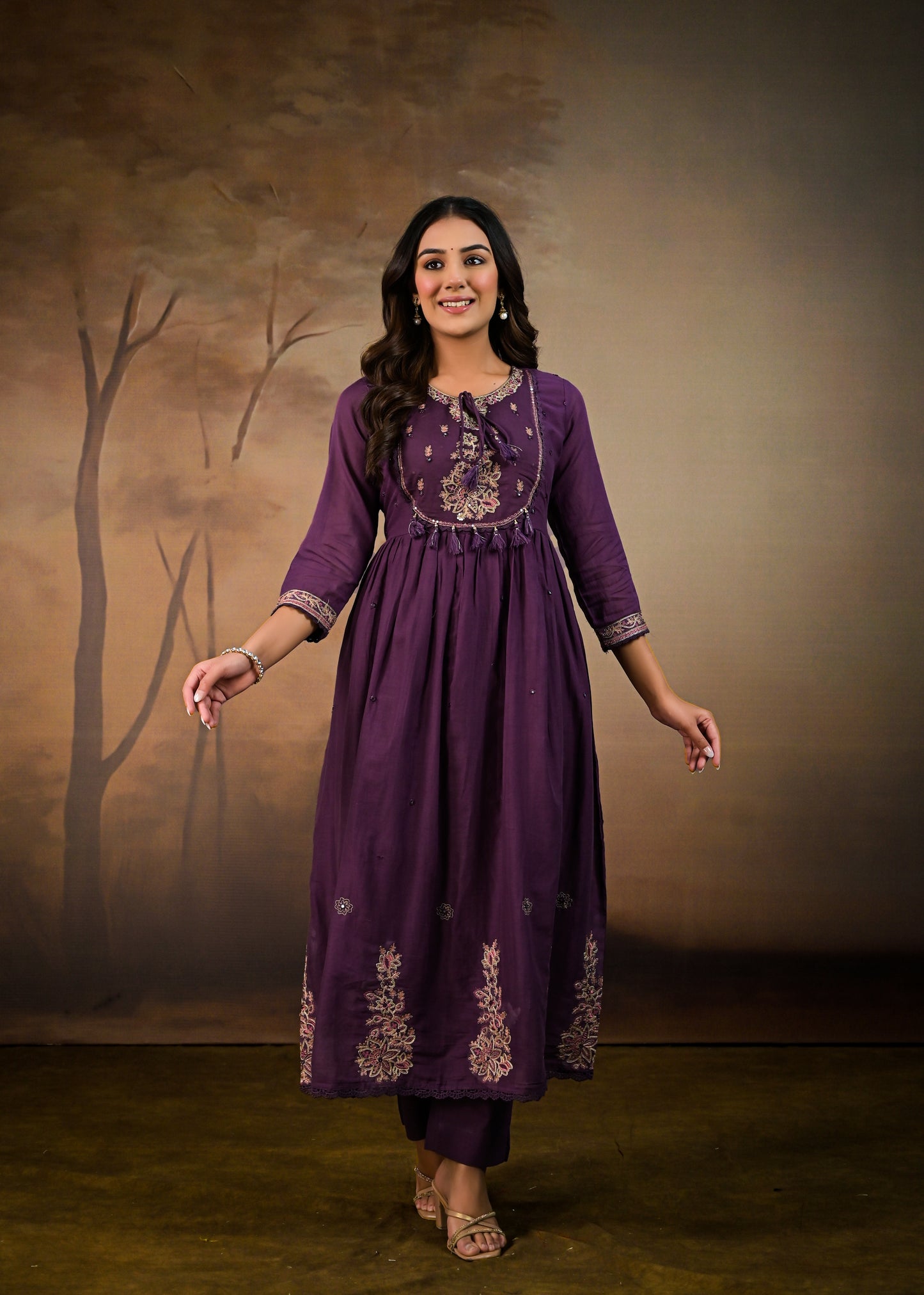 Flared Embroidered  dupatta kurta set purple