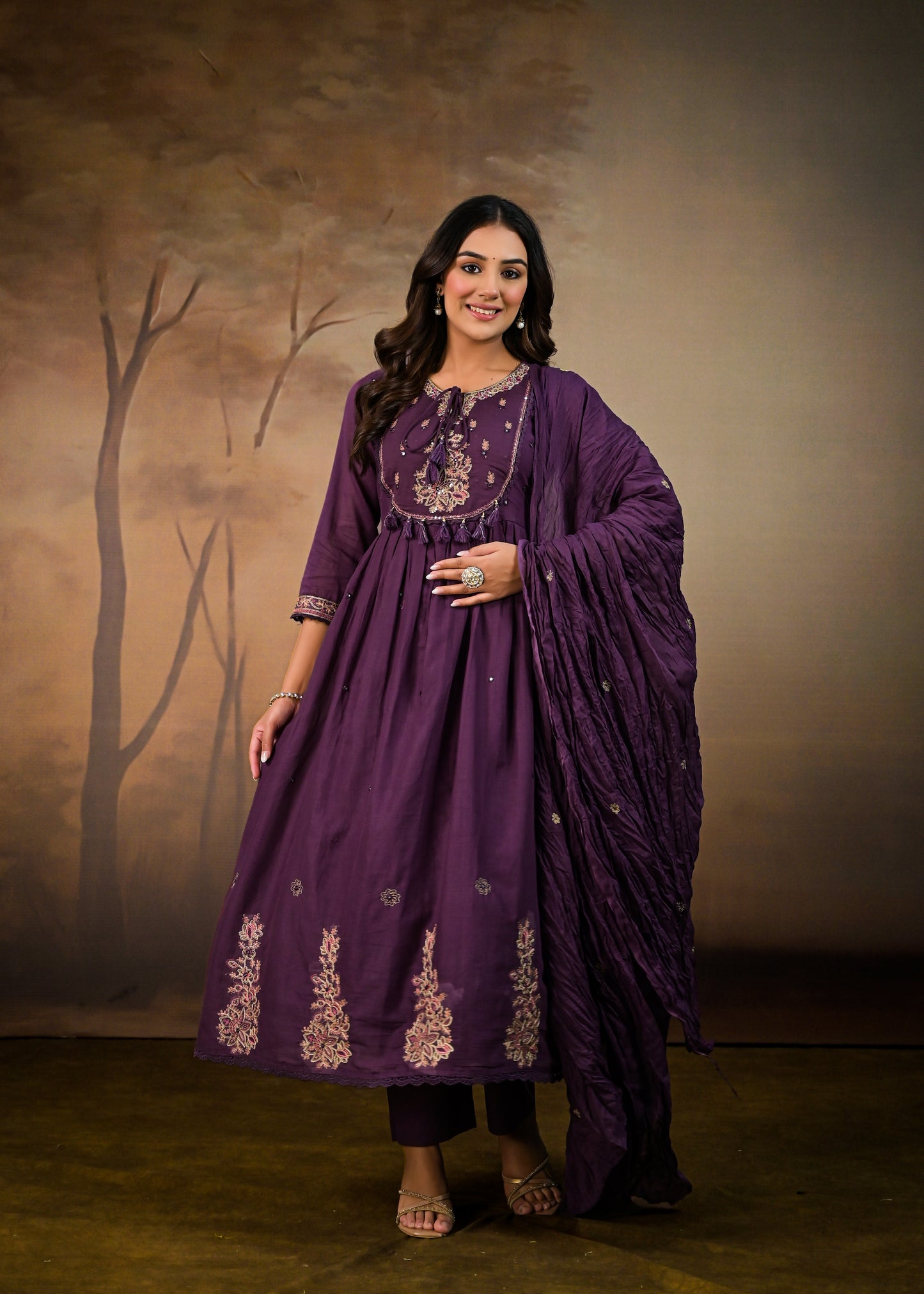 Flared Embroidered  dupatta kurta set purple