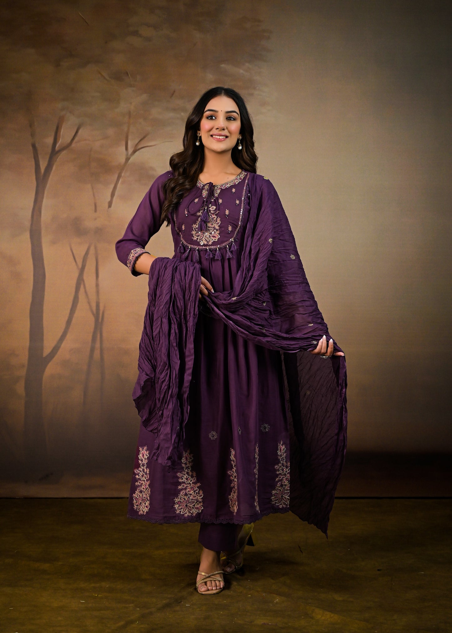 Flared Embroidered  dupatta kurta set purple