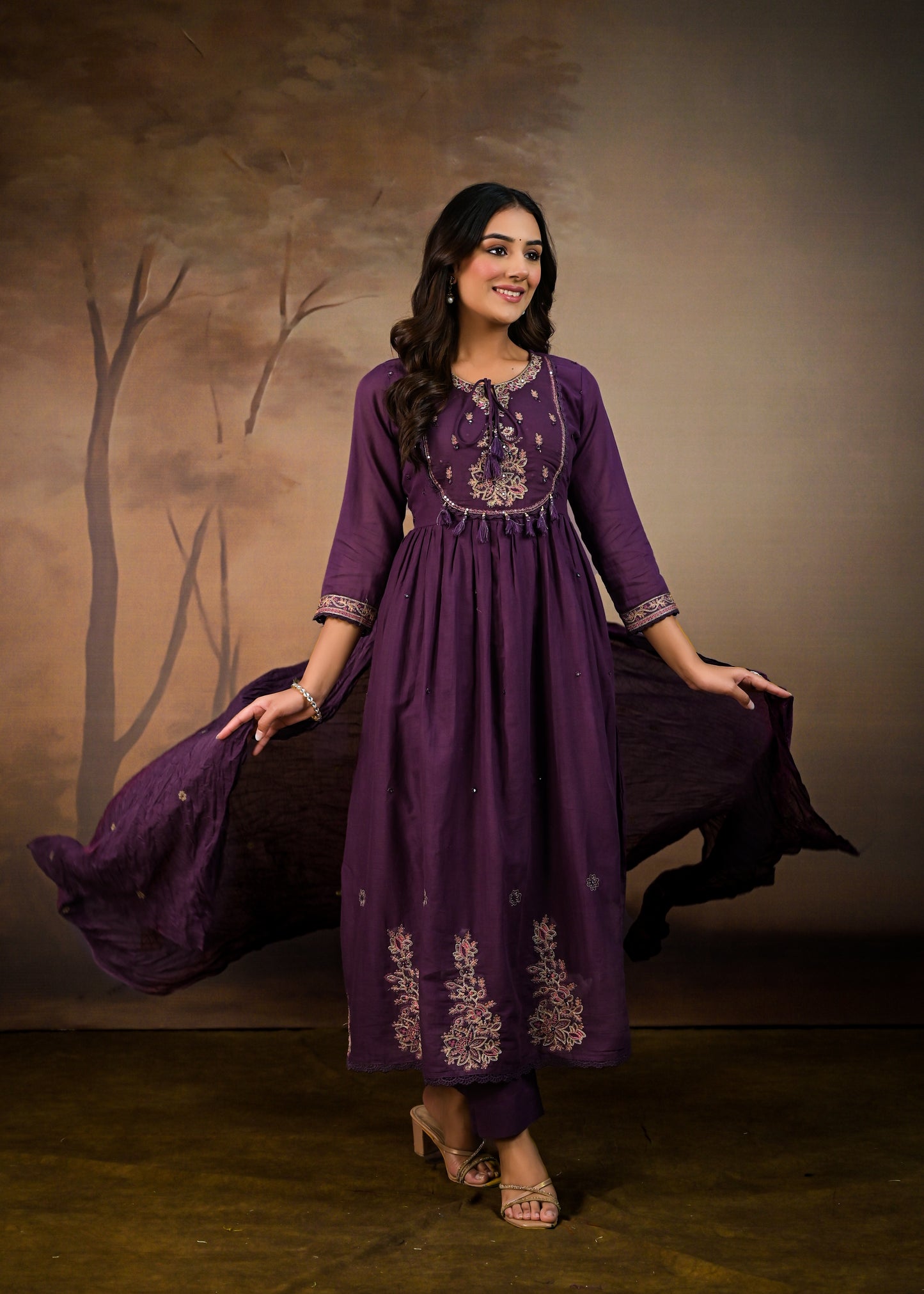 Flared Embroidered  dupatta kurta set purple
