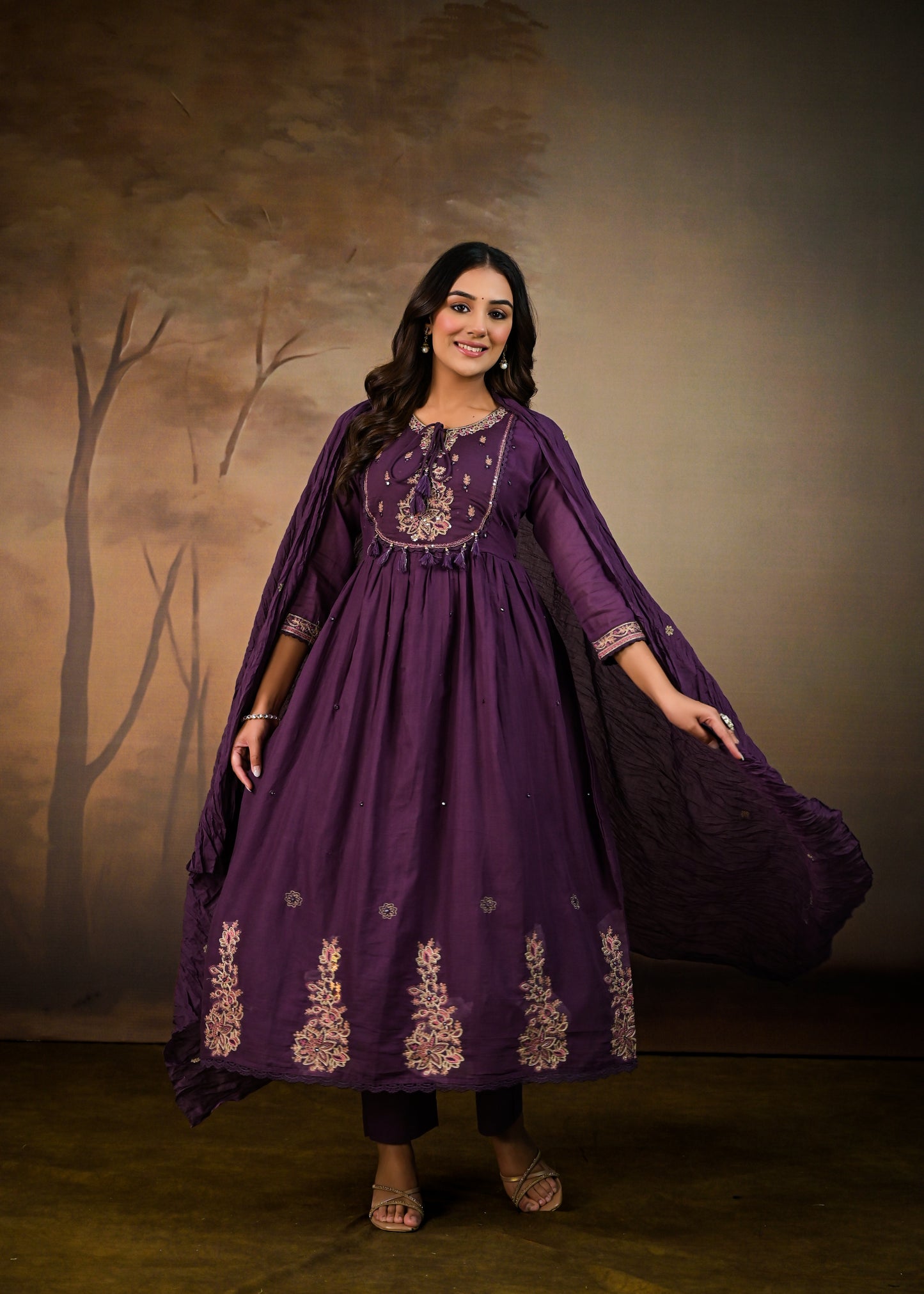 Flared Embroidered  dupatta kurta set purple