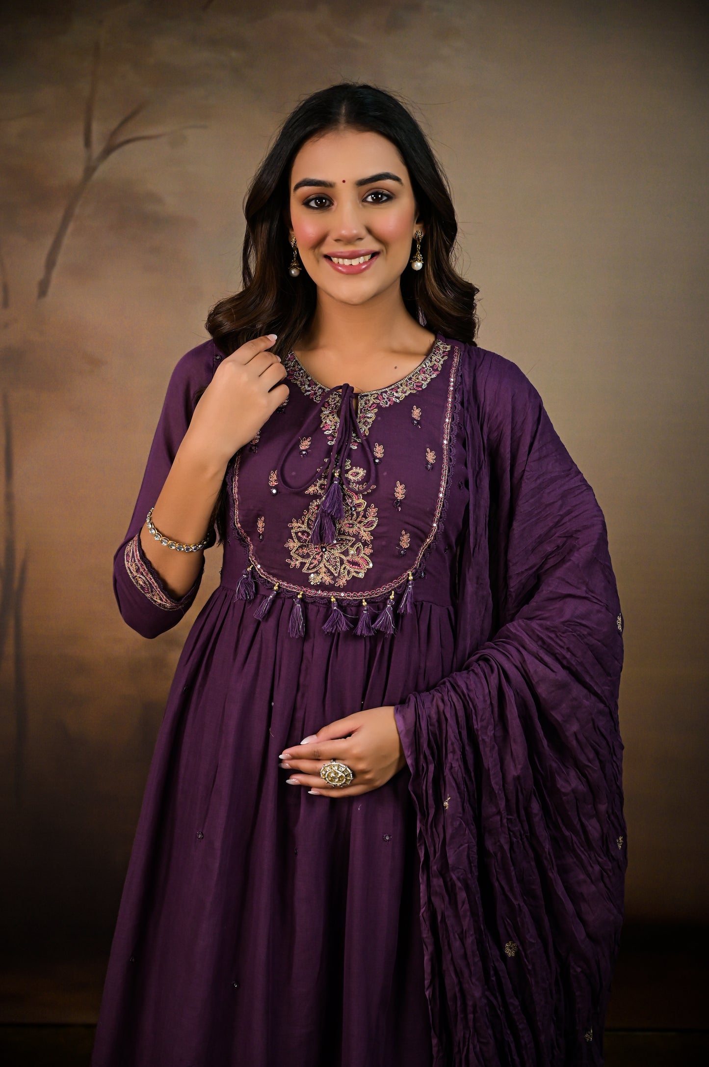 Flared Embroidered  dupatta kurta set purple