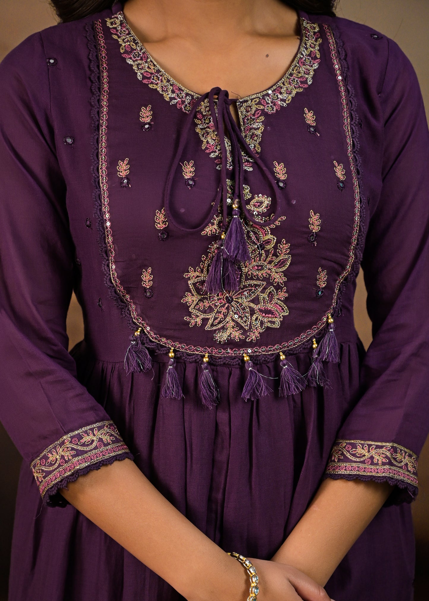 Flared Embroidered  dupatta kurta set purple