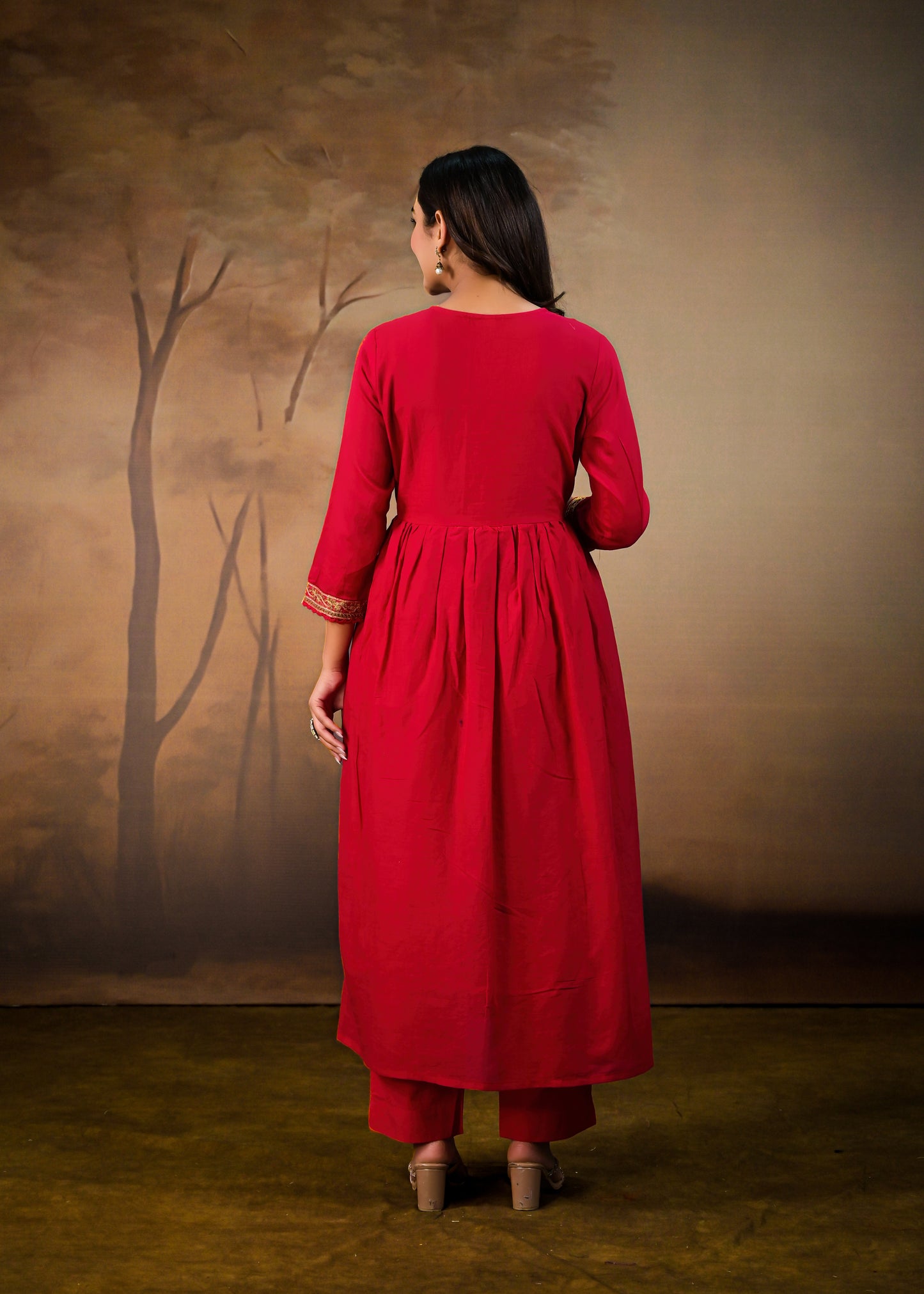 Flared Embroidered  dupatta kurta set Red