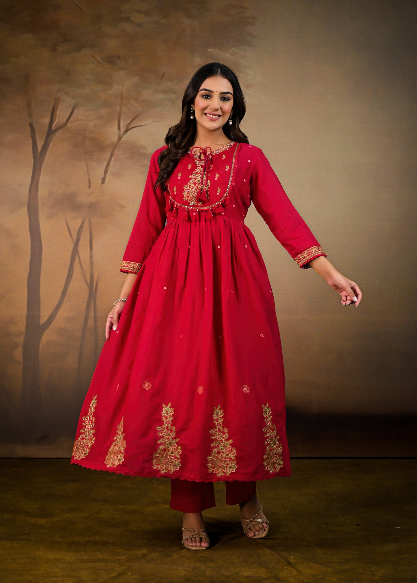 Flared Embroidered  dupatta kurta set Red