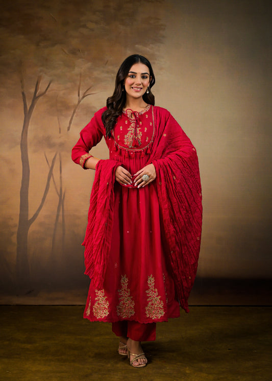 Flared Embroidered  dupatta kurta set Red