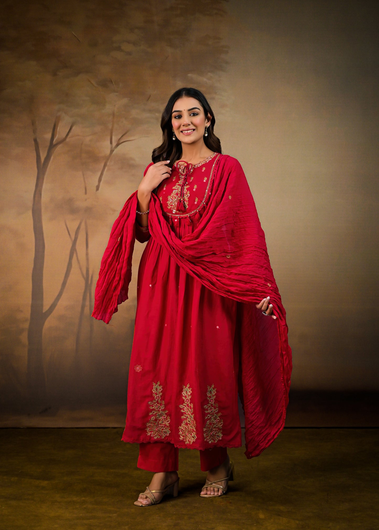Flared Embroidered  dupatta kurta set Red