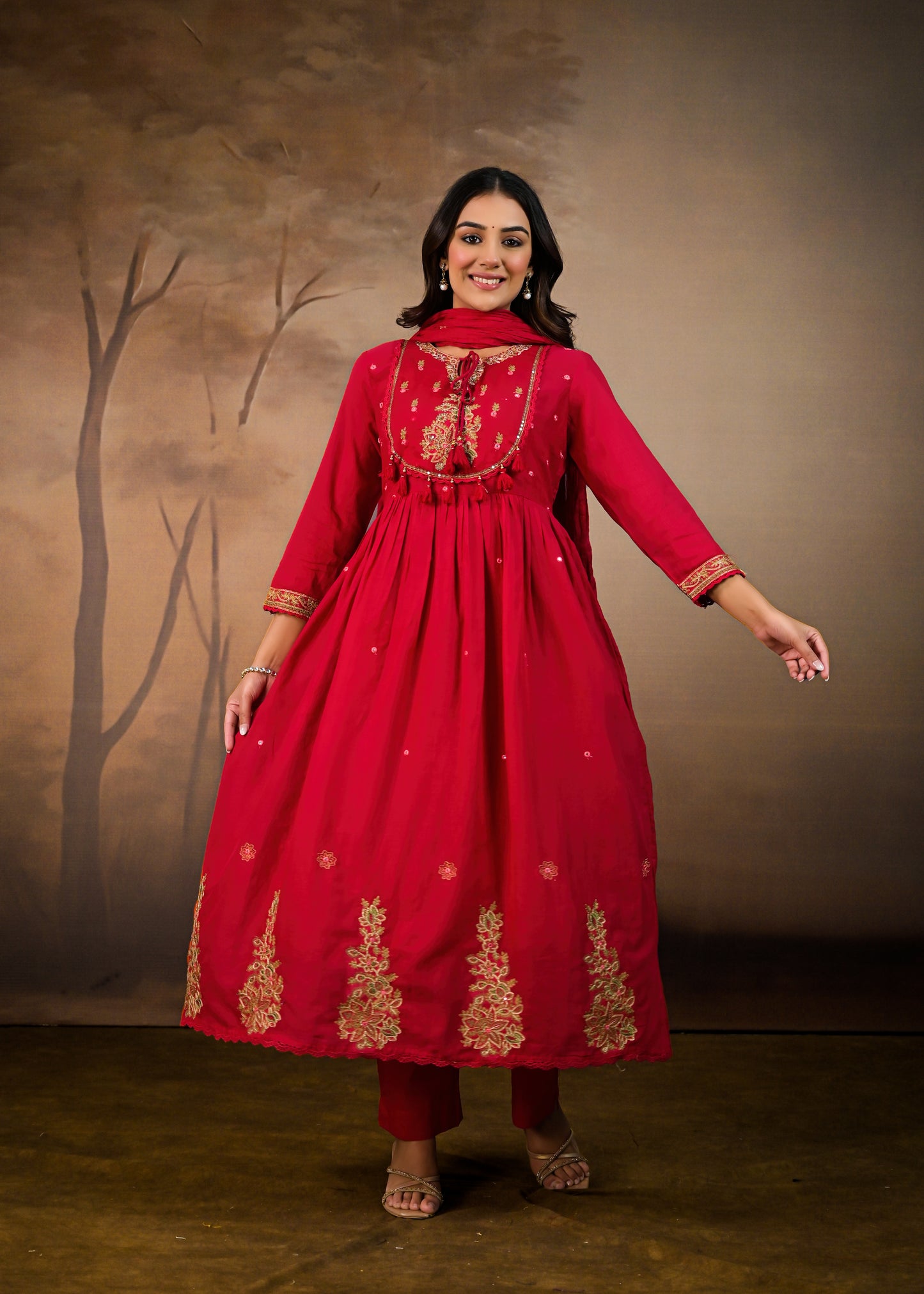 Flared Embroidered  dupatta kurta set Red