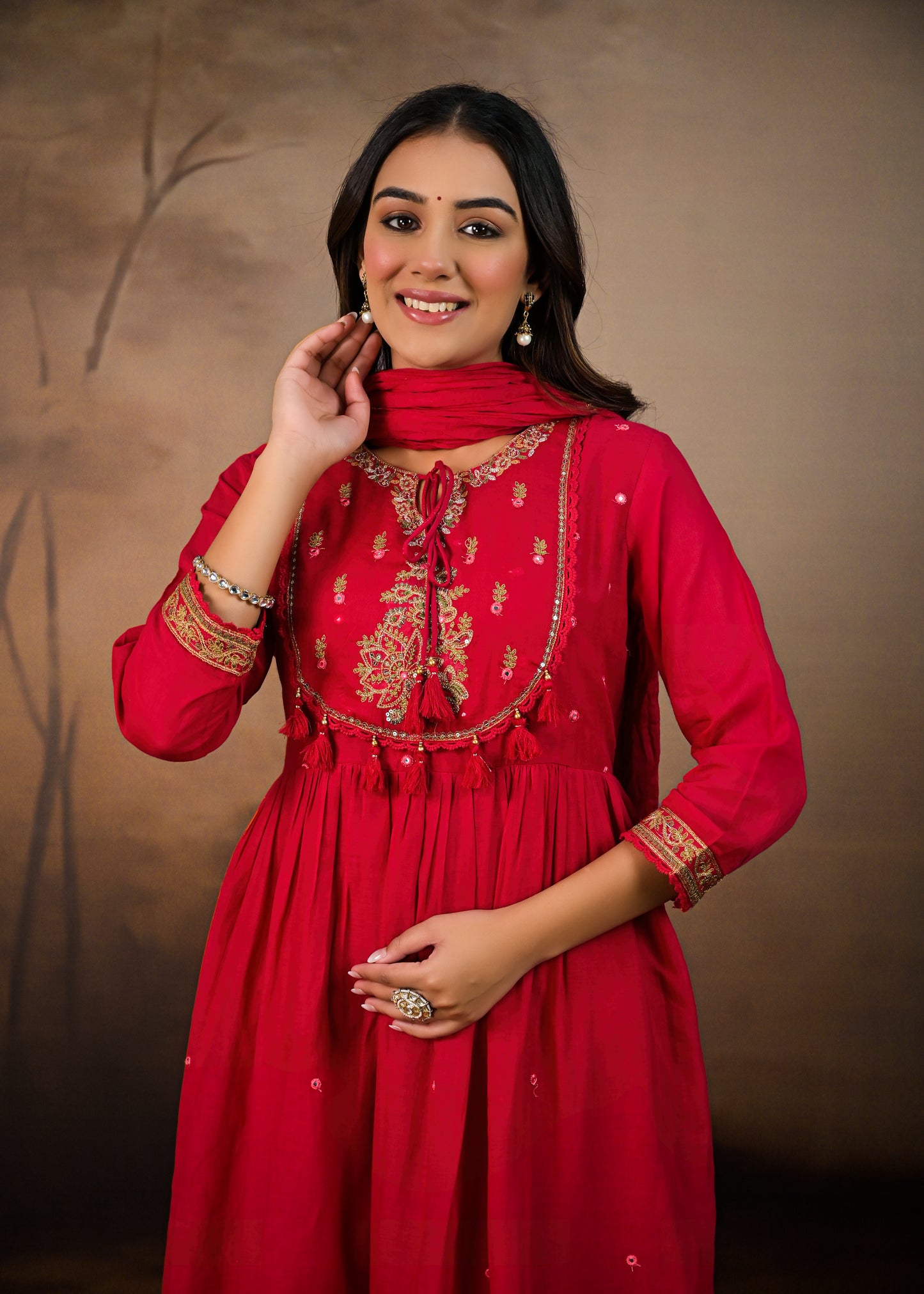 Flared Embroidered  dupatta kurta set Red