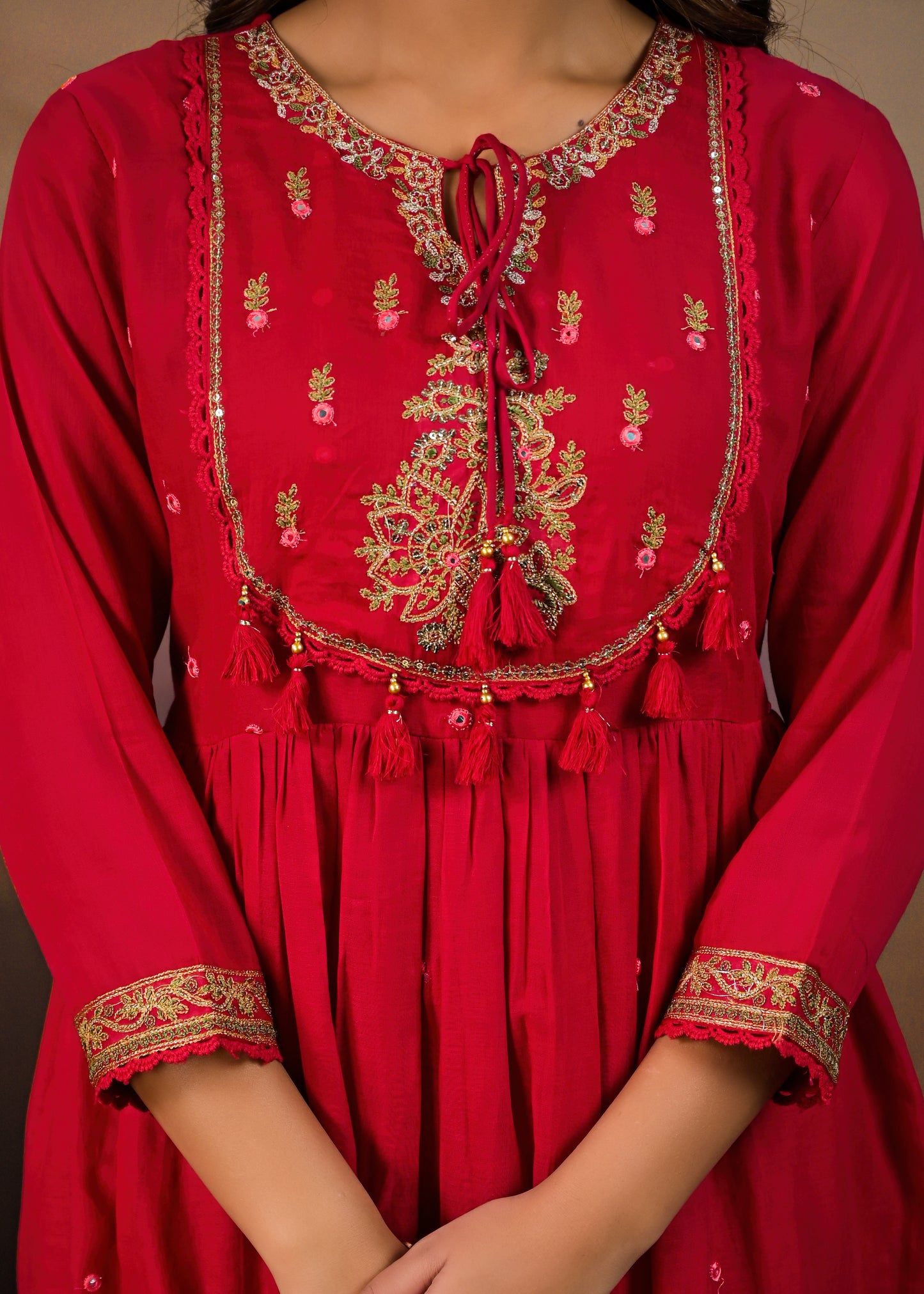 Flared Embroidered  dupatta kurta set Red