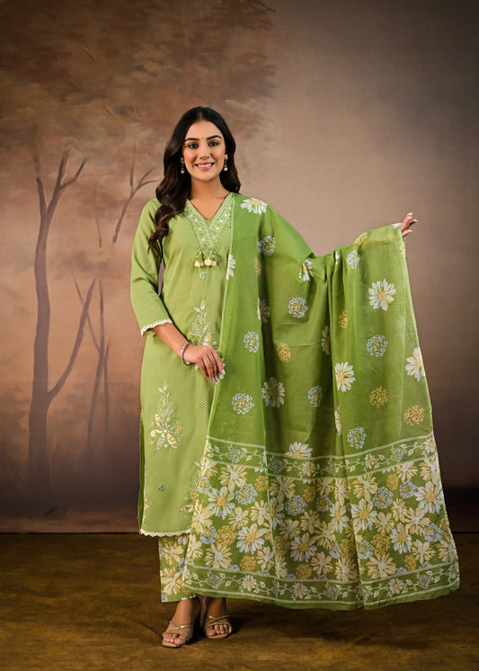 Green Elegant Floral Embroidered  Salwar Suit Set