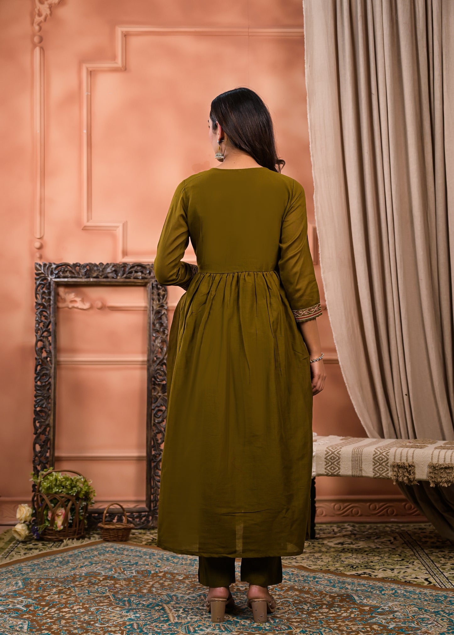 Flared Embroidered  dupatta kurta set olive green