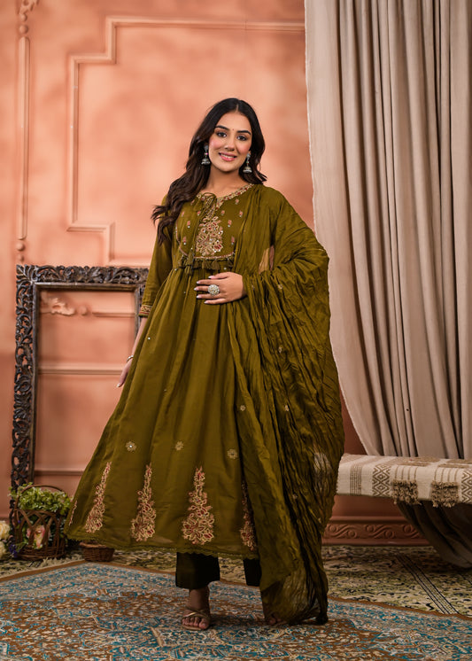 Flared Embroidered  dupatta kurta set olive green
