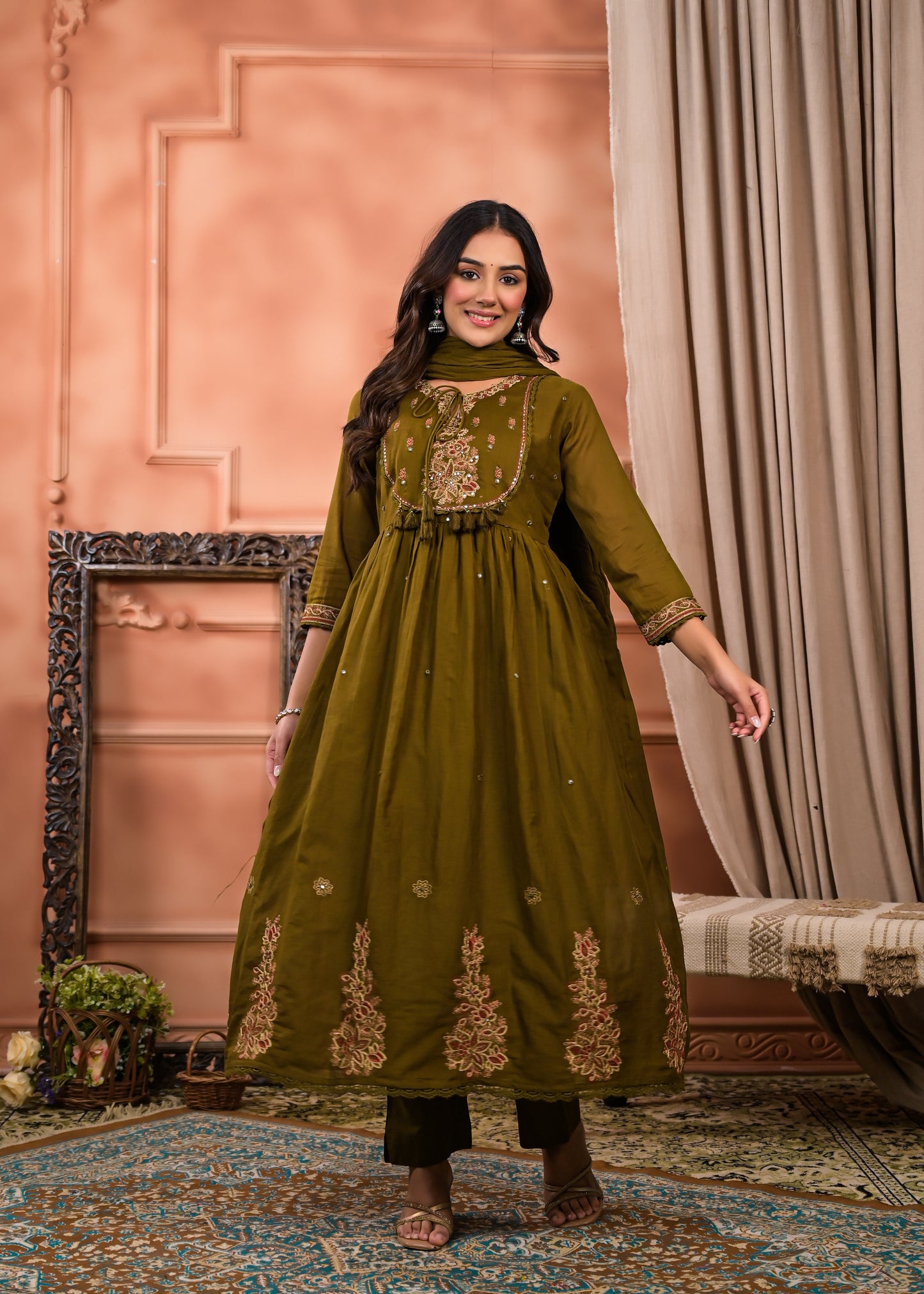 Flared Embroidered  dupatta kurta set olive green