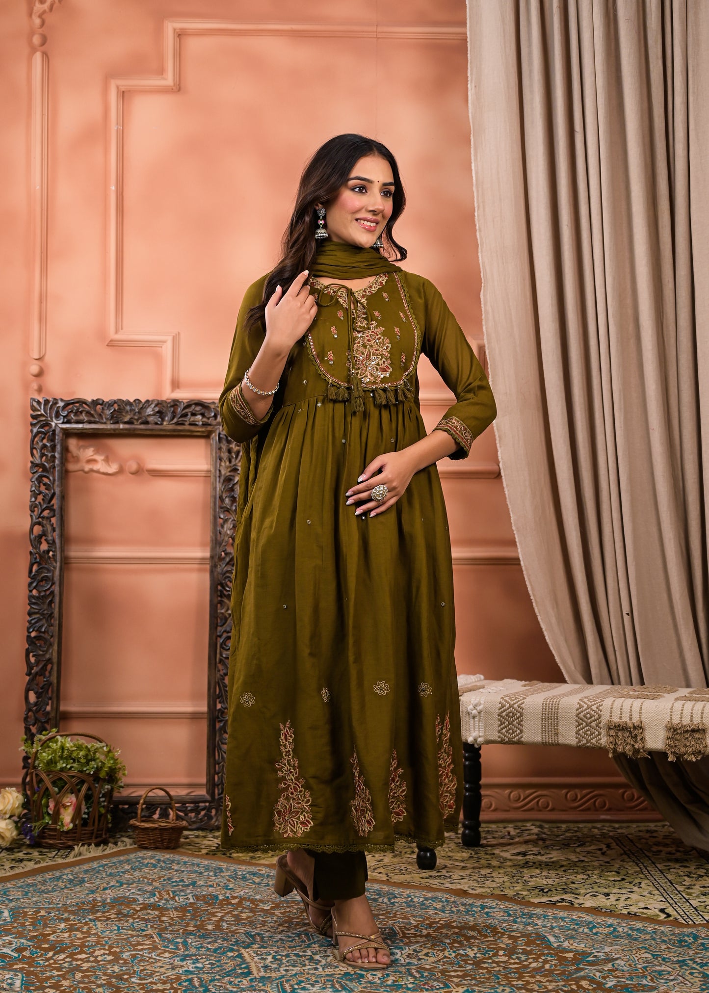 Flared Embroidered  dupatta kurta set olive green