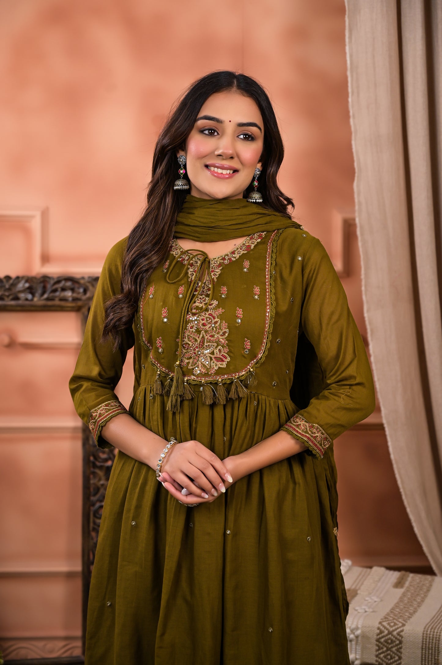 Flared Embroidered  dupatta kurta set olive green