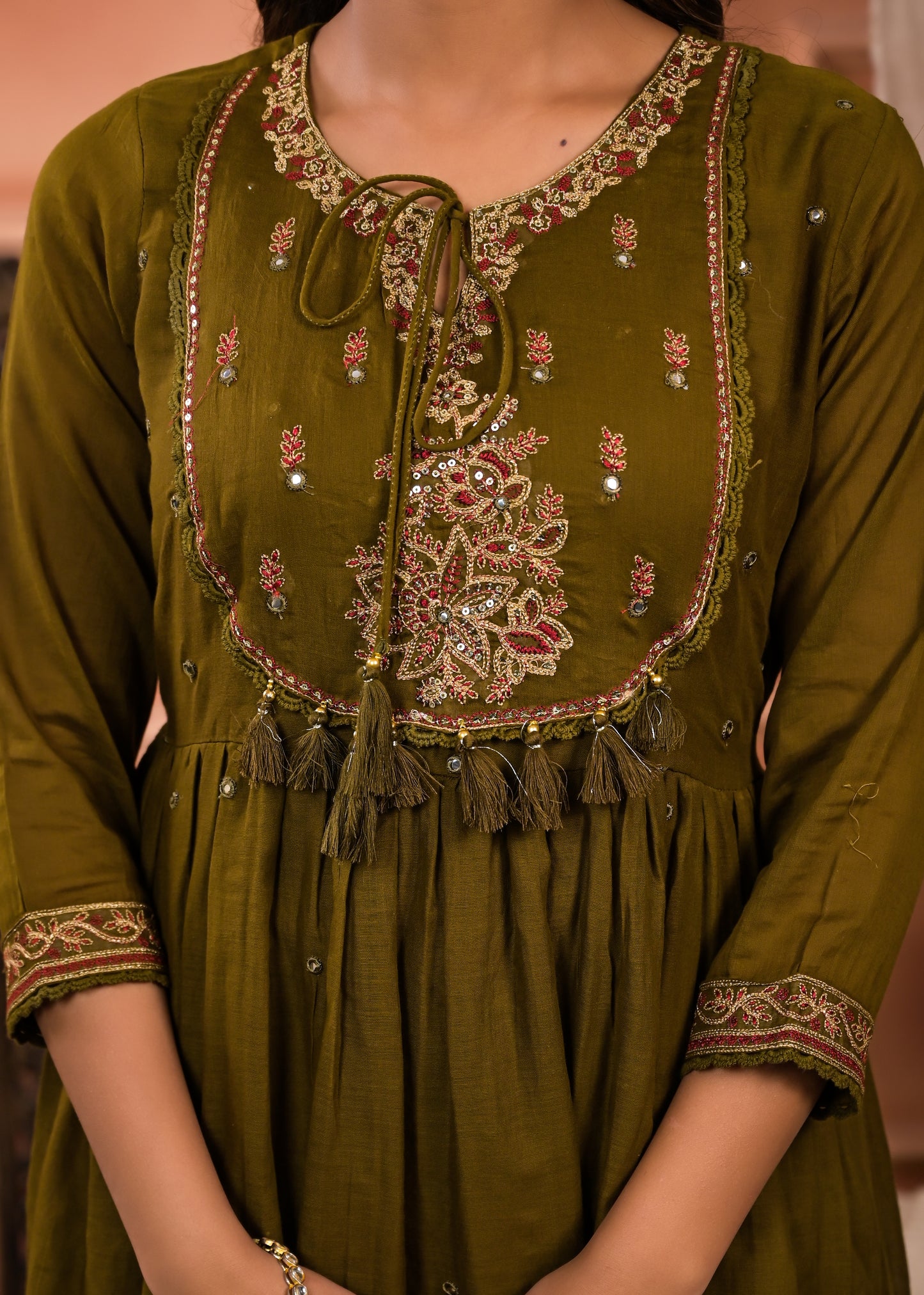 Flared Embroidered  dupatta kurta set olive green