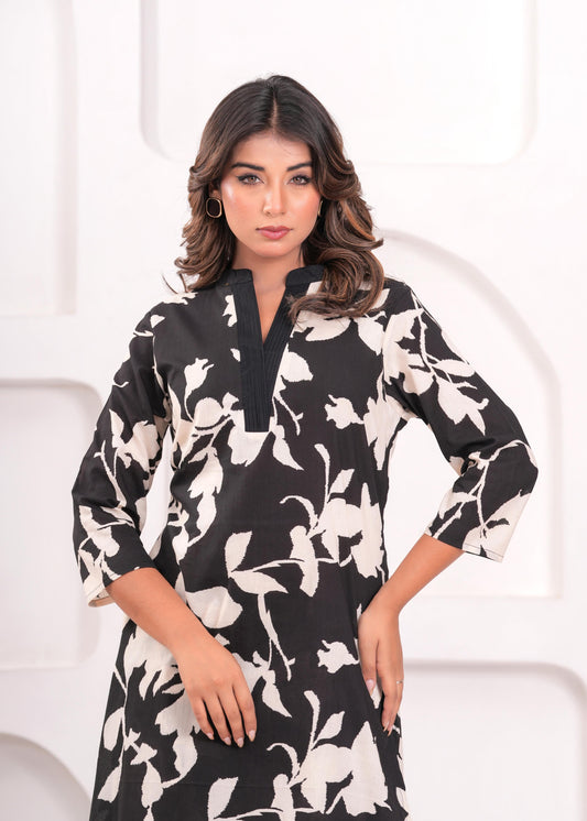 Black & Ivory Floral Printed Kurta Set