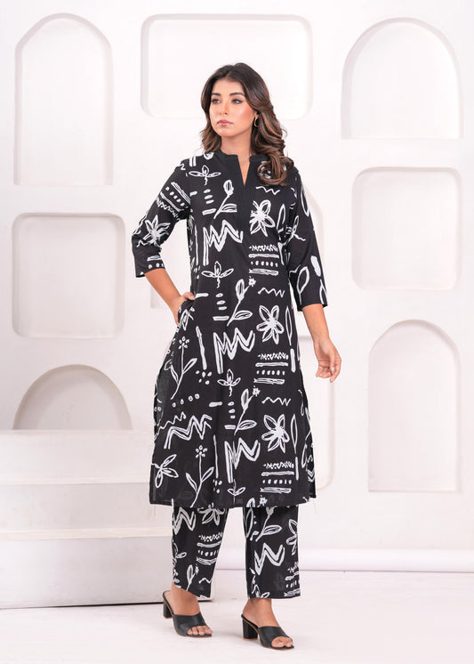Black Abstract Printed Kurta Set