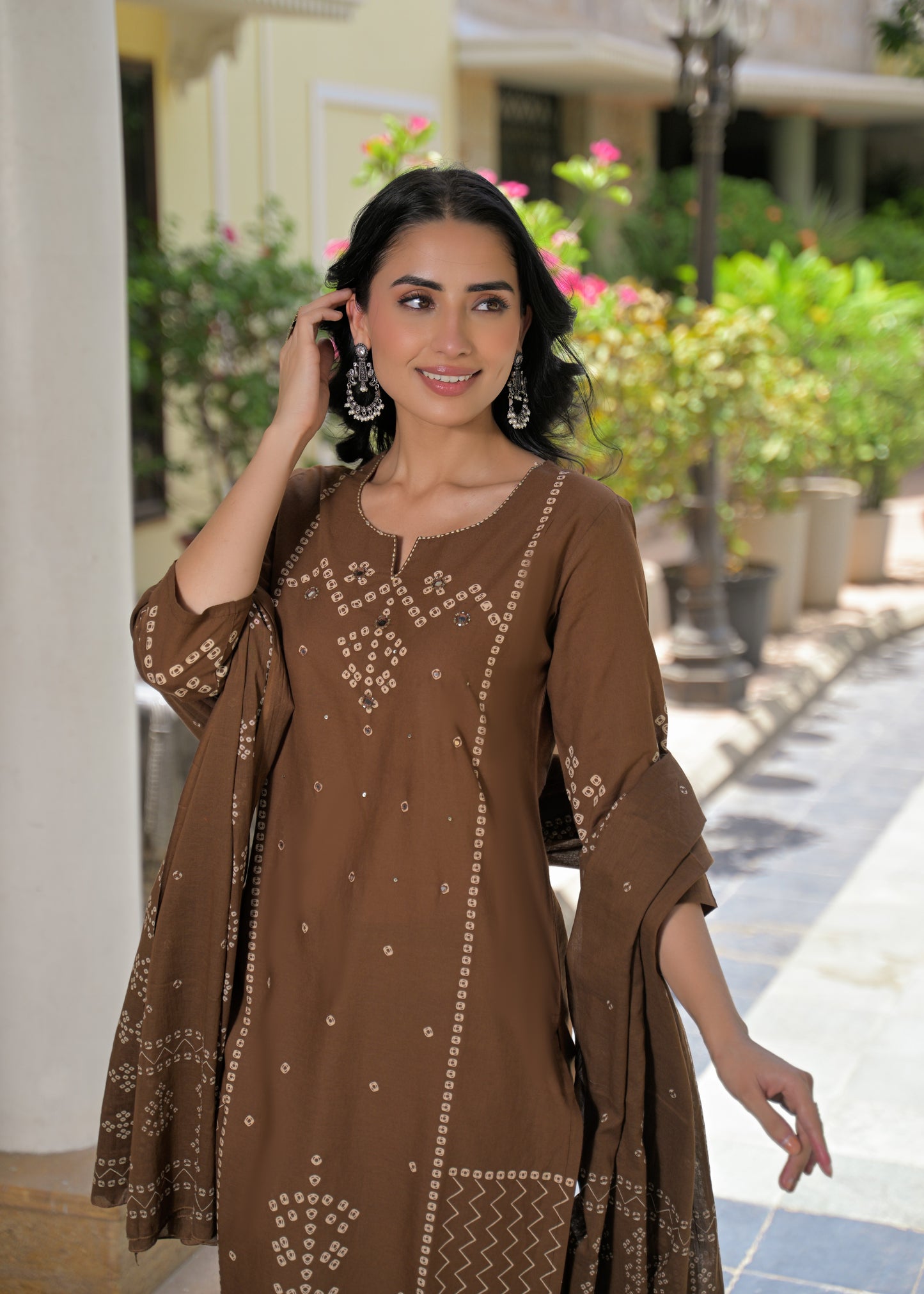 Chocolate Brown bandhej Kurta Palazzo Set with Dupatta