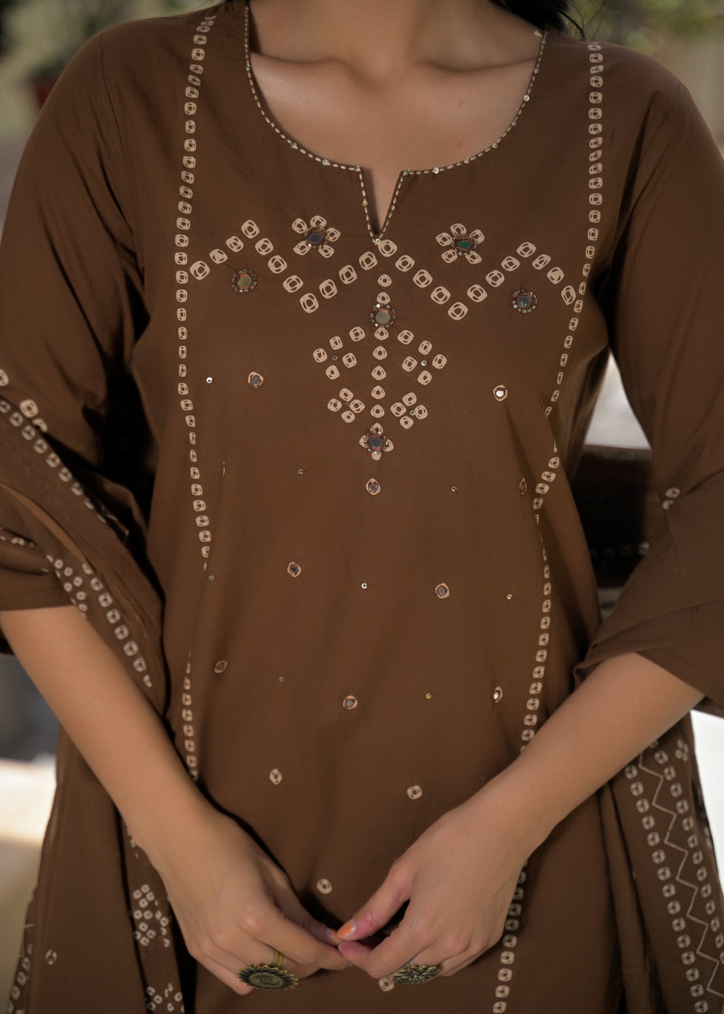 Chocolate Brown bandhej Kurta Palazzo Set with Dupatta
