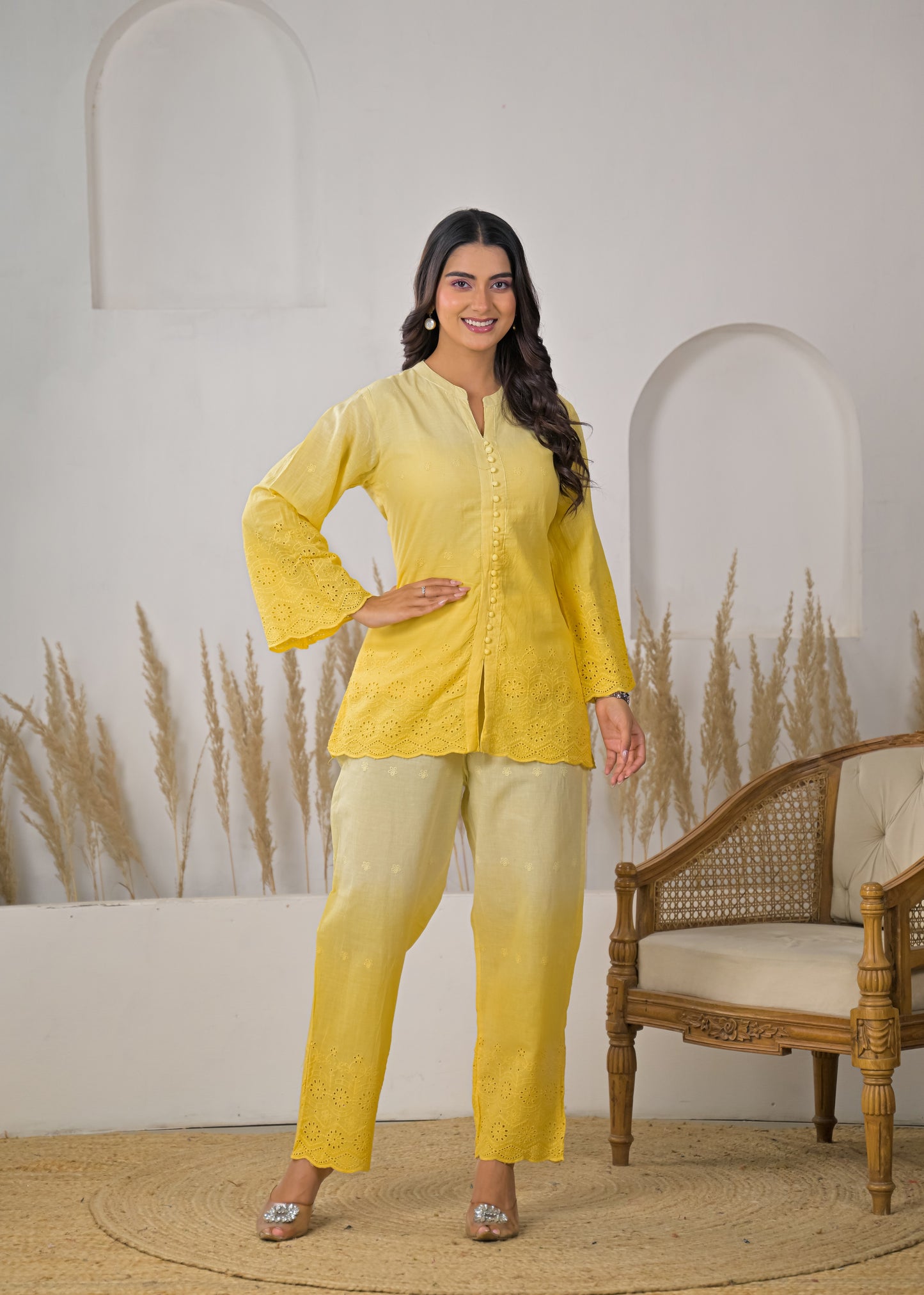 Women's Solid Lemon Yellow Rayon Short Kurti with Straight Pants Co-ord Set