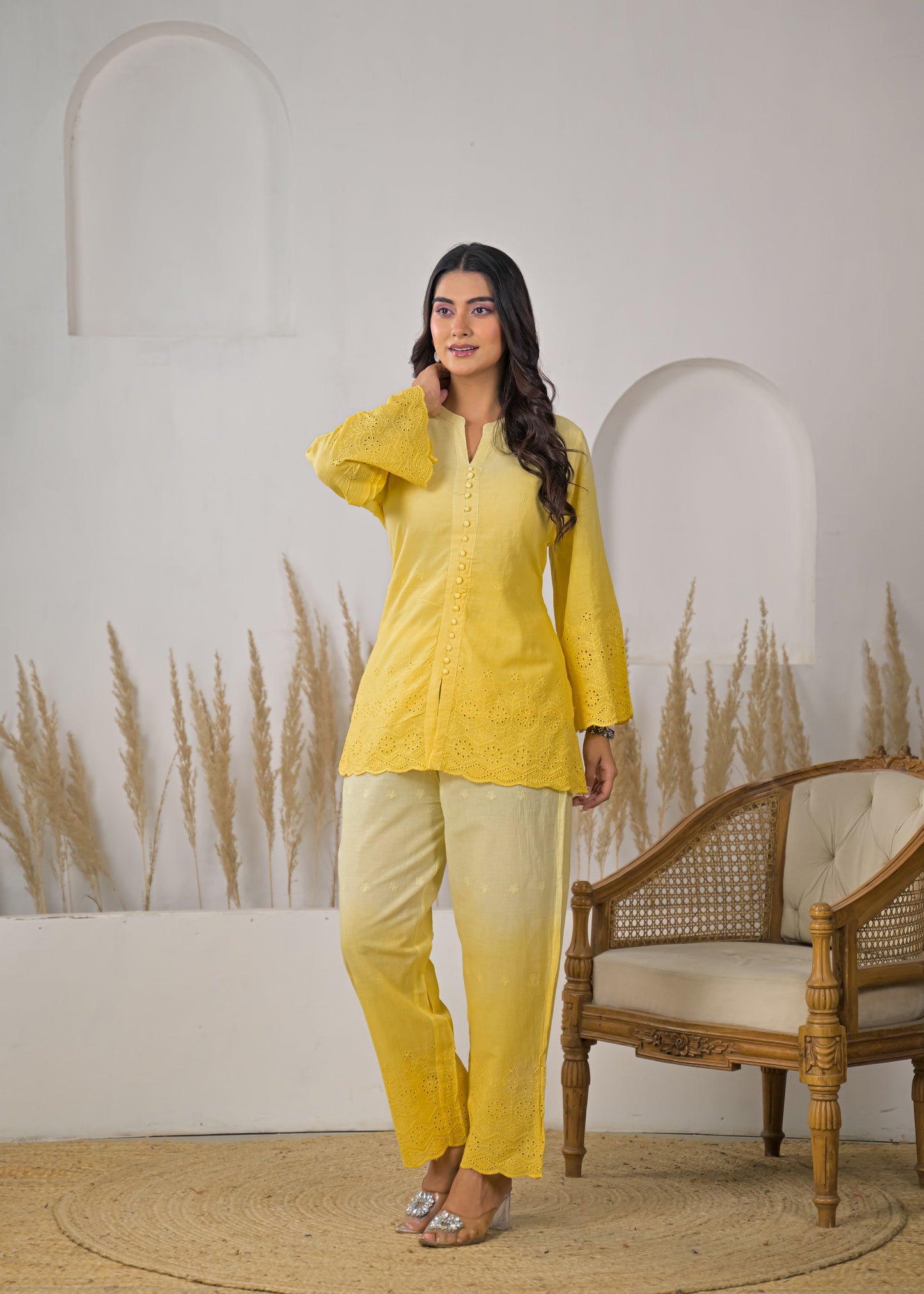 Women's Solid Lemon Yellow Rayon Short Kurti with Straight Pants Co-ord Set