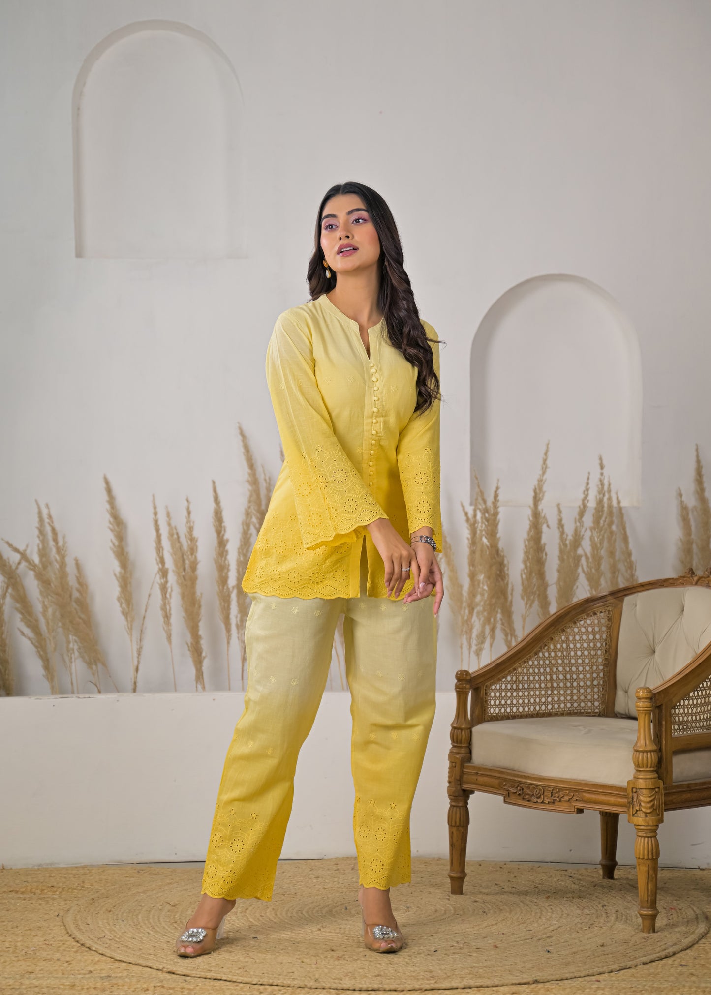 Women's Solid Lemon Yellow Rayon Short Kurti with Straight Pants Co-ord Set