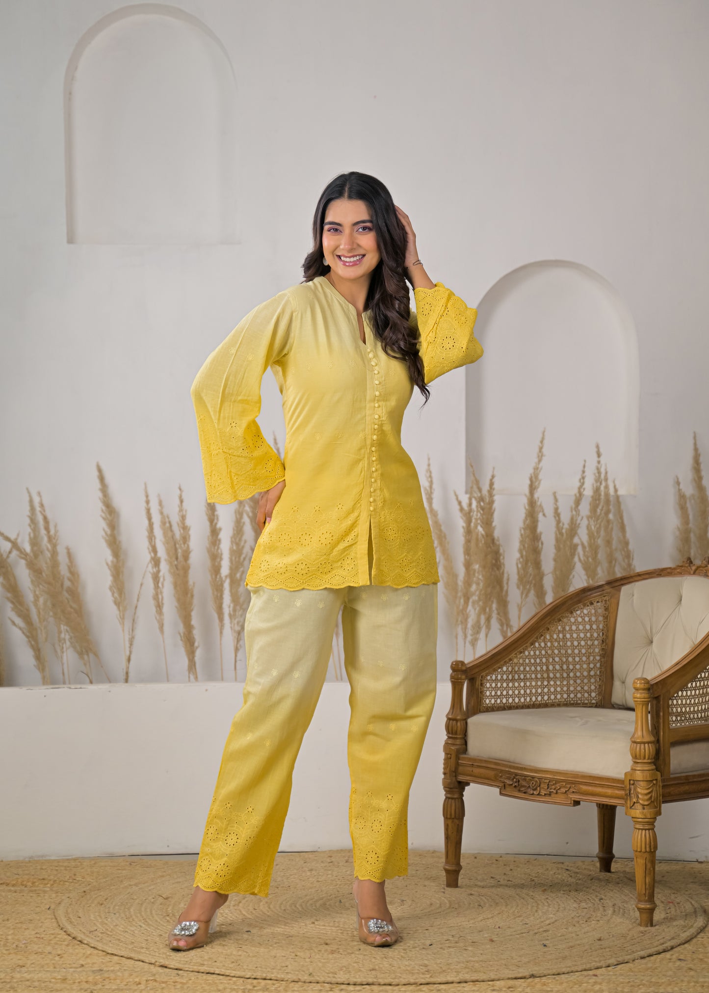 Women's Solid Lemon Yellow Rayon Short Kurti with Straight Pants Co-ord Set