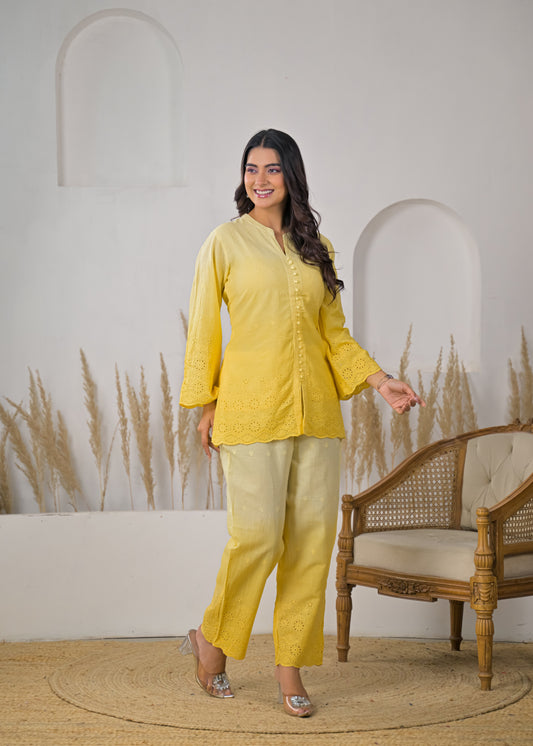 Women's Solid Lemon Yellow Rayon Short Kurti with Straight Pants Co-ord Set