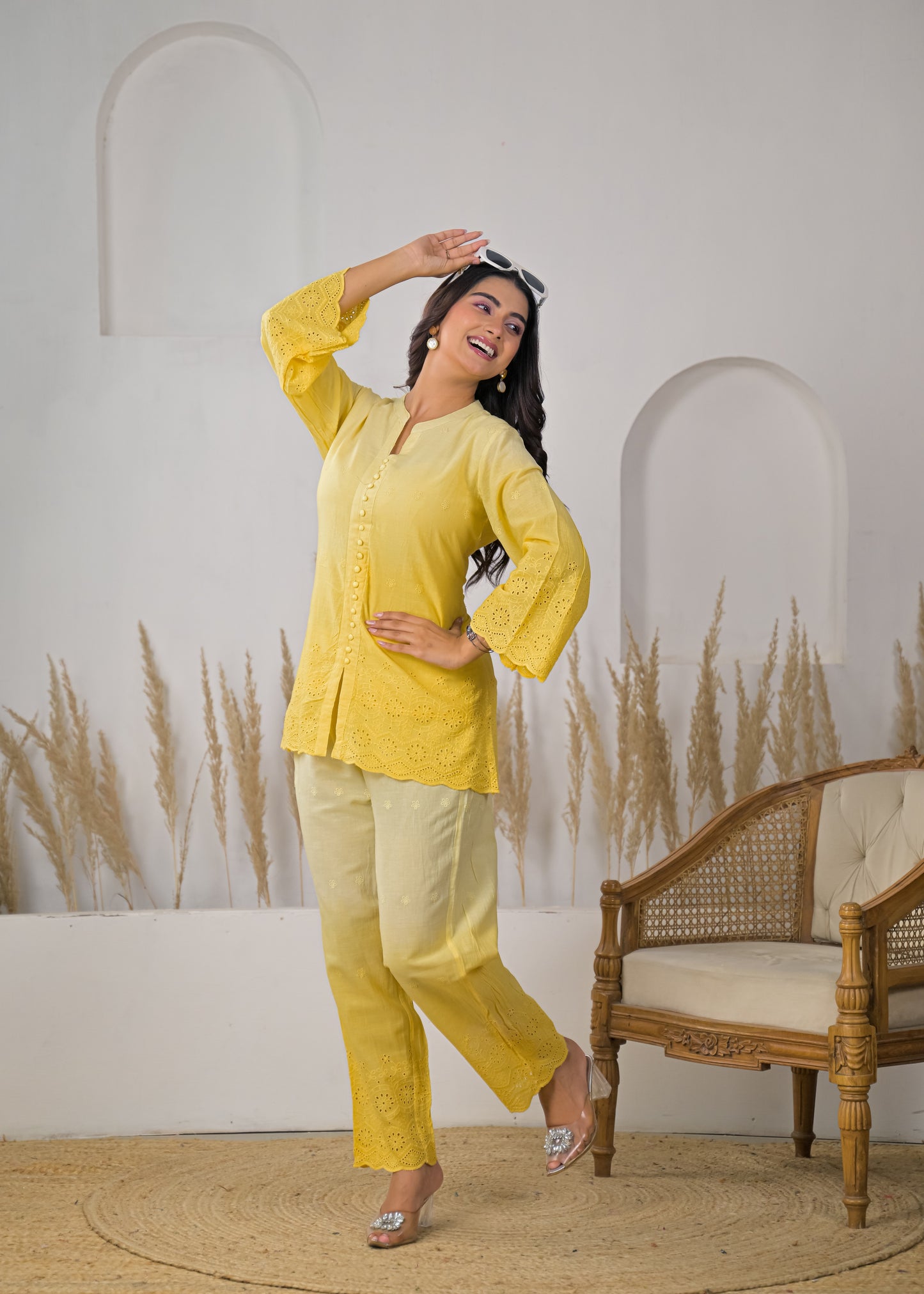Women's Solid Lemon Yellow Rayon Short Kurti with Straight Pants Co-ord Set